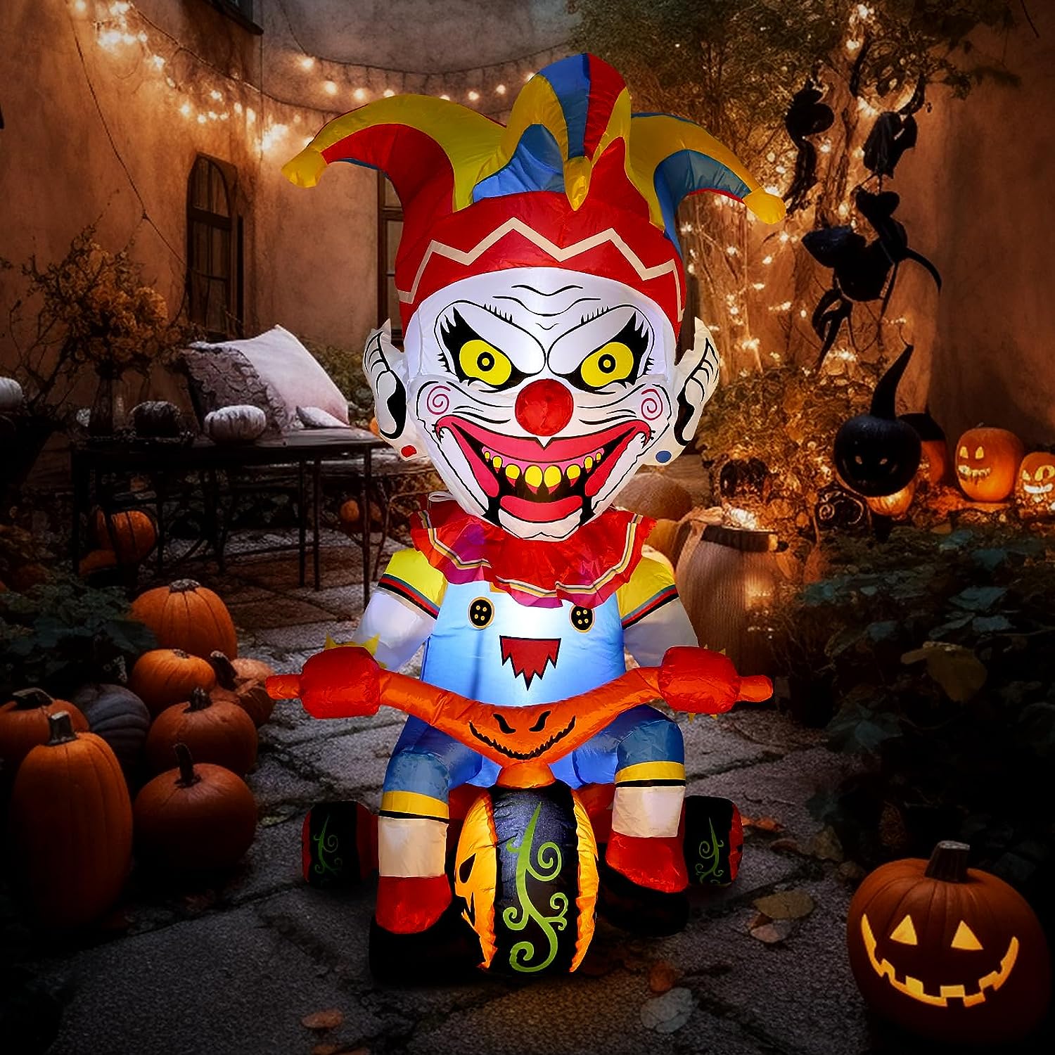 Halloween Inflatable 4FT Clown Bicycle Outdoor Decorations with Built-in LED Light