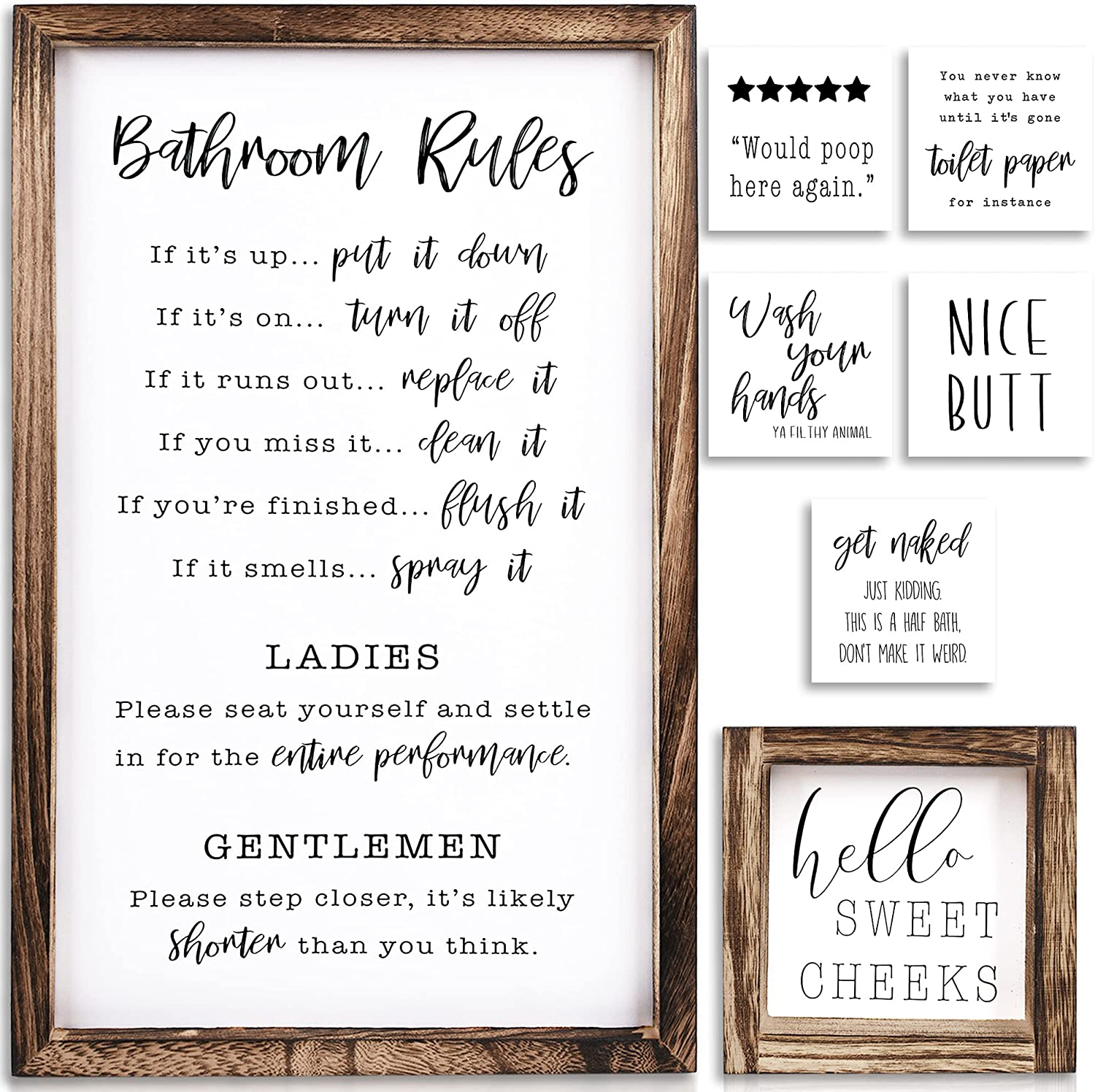 Farmhouse Bathroom Sign Set of 2 - Rustic Wood Wall Decor | Funny Bathroom Quotes