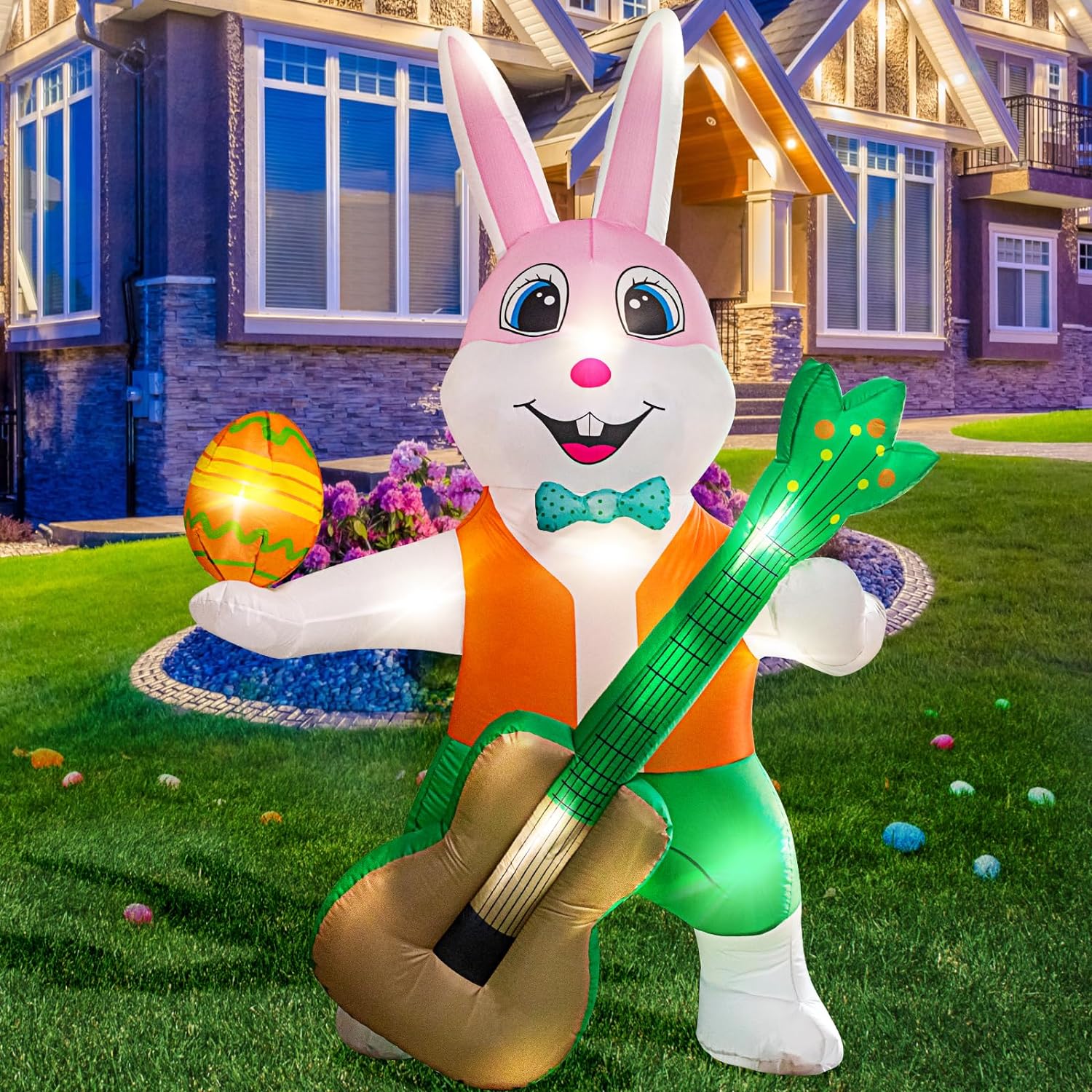 Easter Inflatable Decorations Outdoor 6FT Blow up Giant Rabbit with Guitar Build-in LED