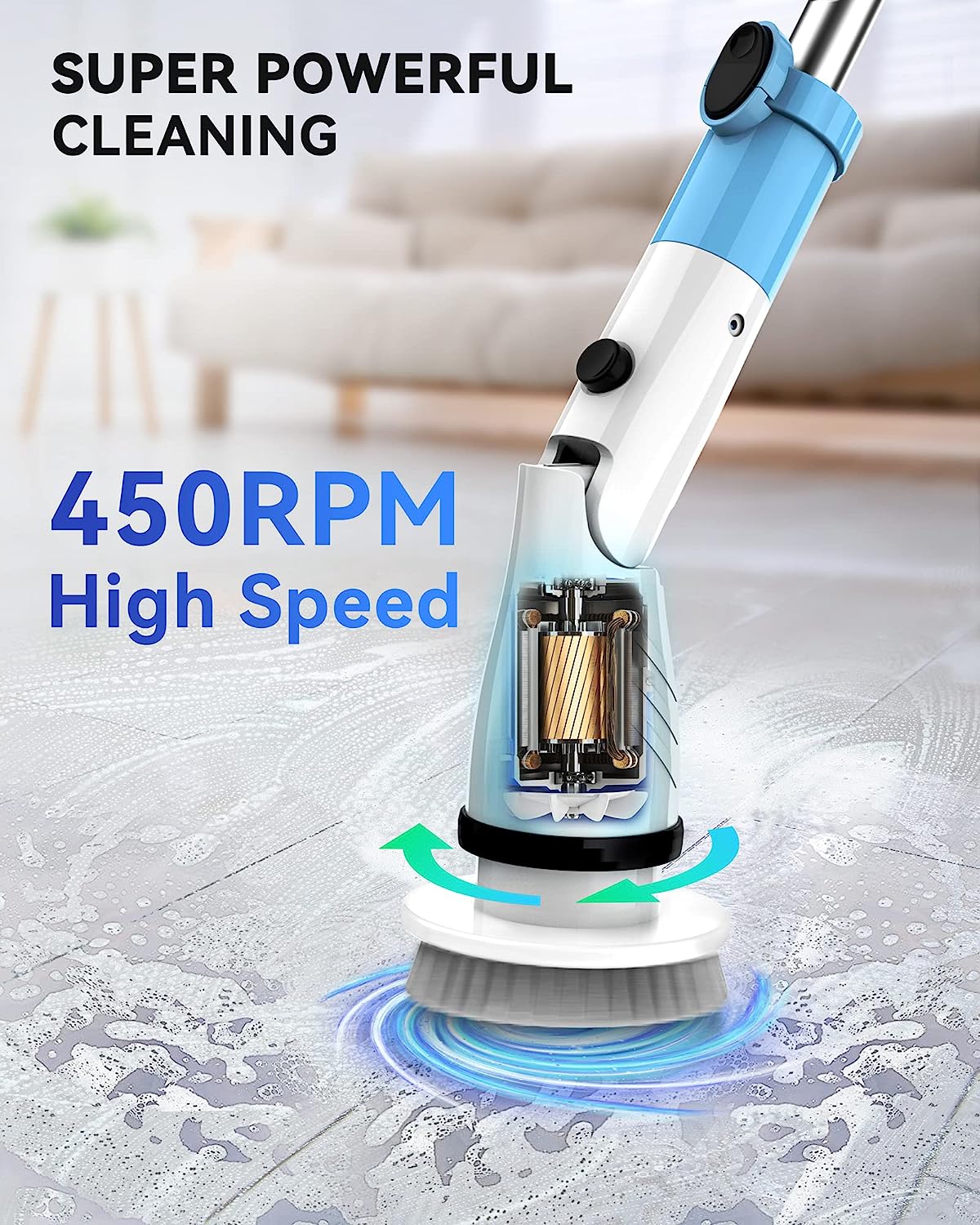 Electric Cordless Spin Scrubber Brush with 5 Replaceable Cleaning Heads and Adjustable Extension Arm, Blue