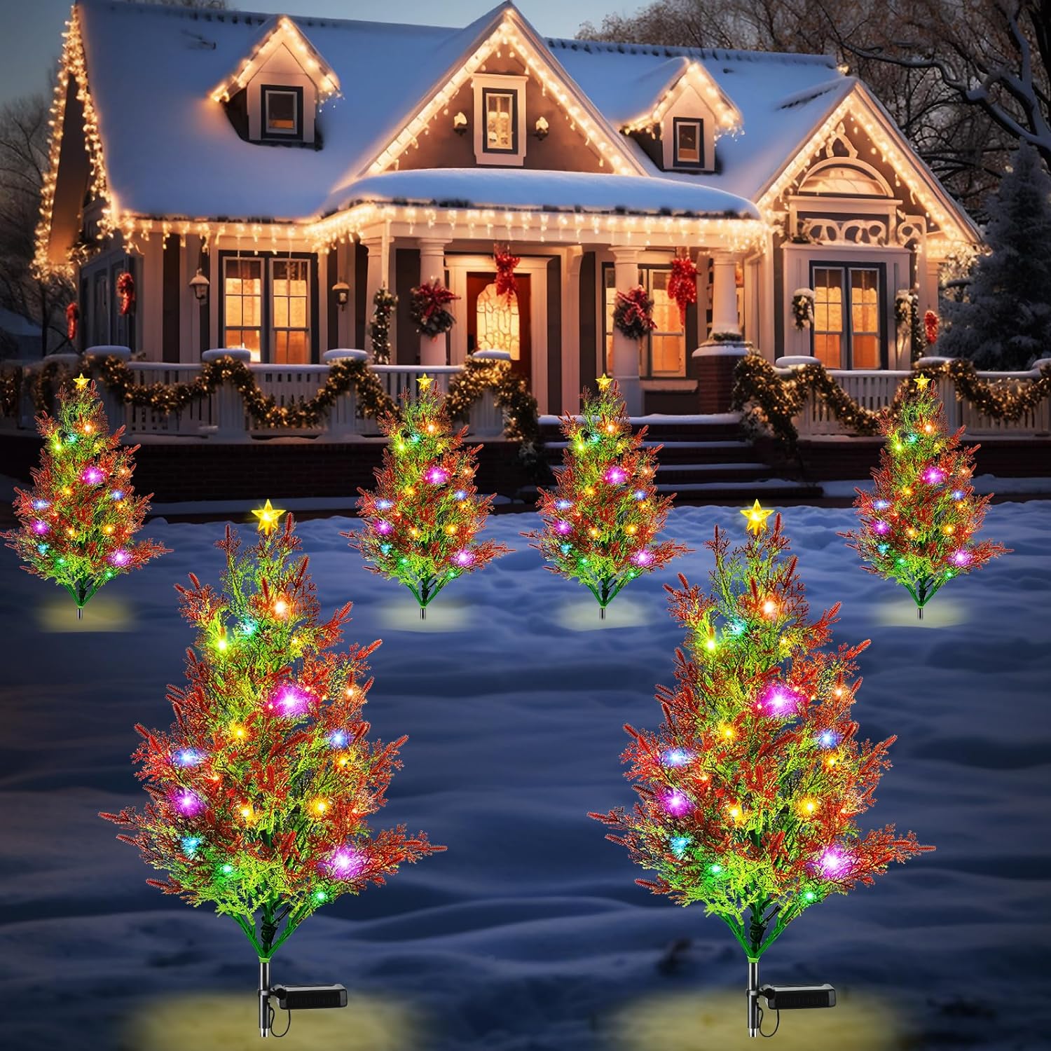 Solar Christmas Tree Lights 4 Pack 10 LEDs, 2 Lighting Modes Christmas Decorations Outdoor Solar Lights