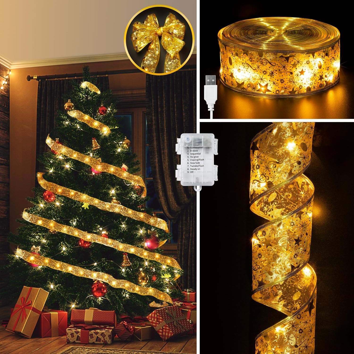 Christmas Tree Decorations 200 Led Ribbon Lights with 8 Lighting Modes, Battery Operated & USB Powered Fairy String Lights with Timer, Gold