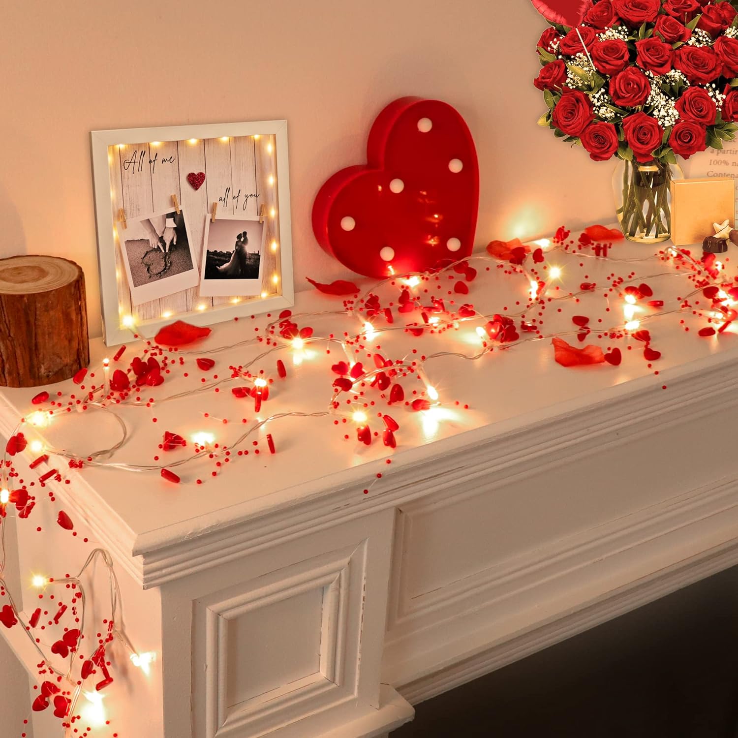 Valentines Day Garland 10FT with 30 LEDs Lights, Red Heart Lights String Battery Operated