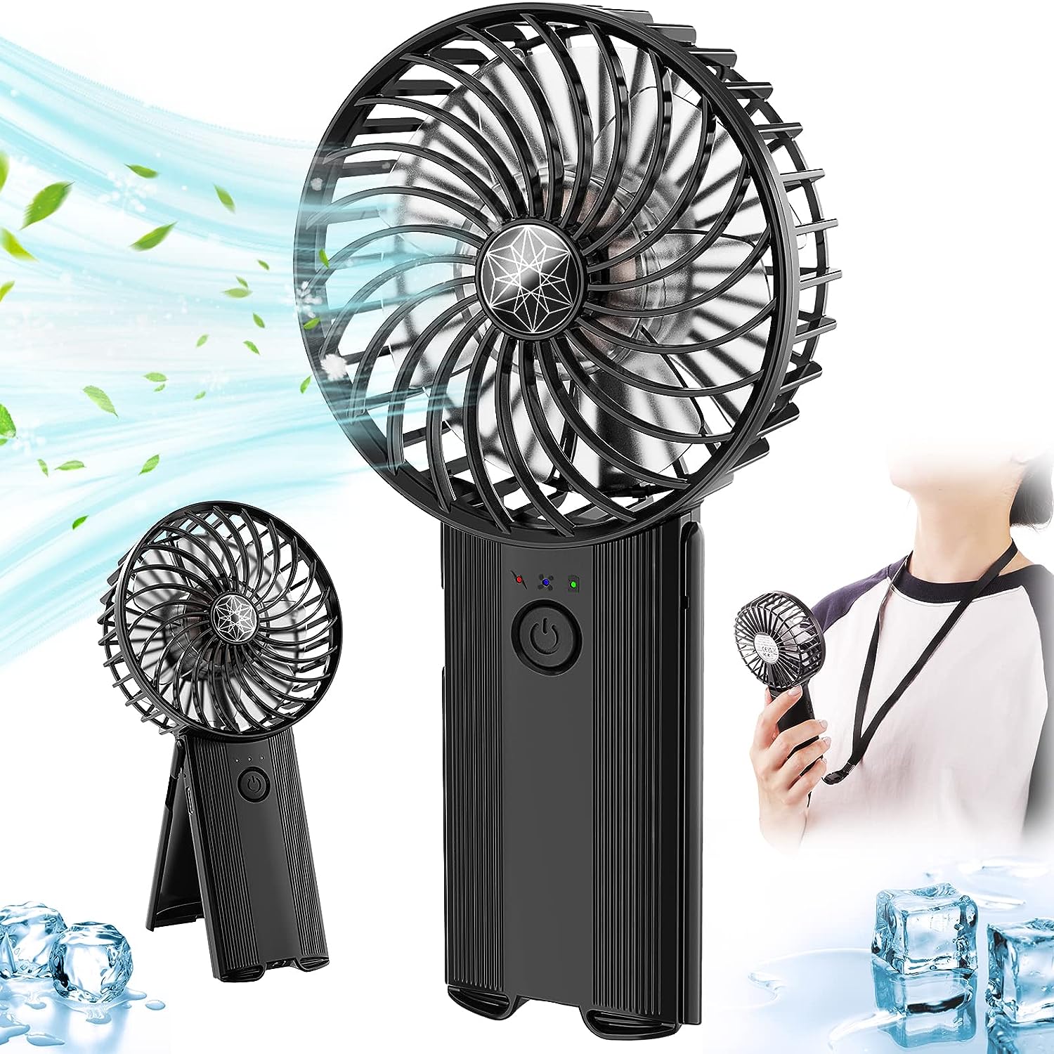 Portable Hand Held Fan Personal Fan Rechargeable with 4 Speeds, Black