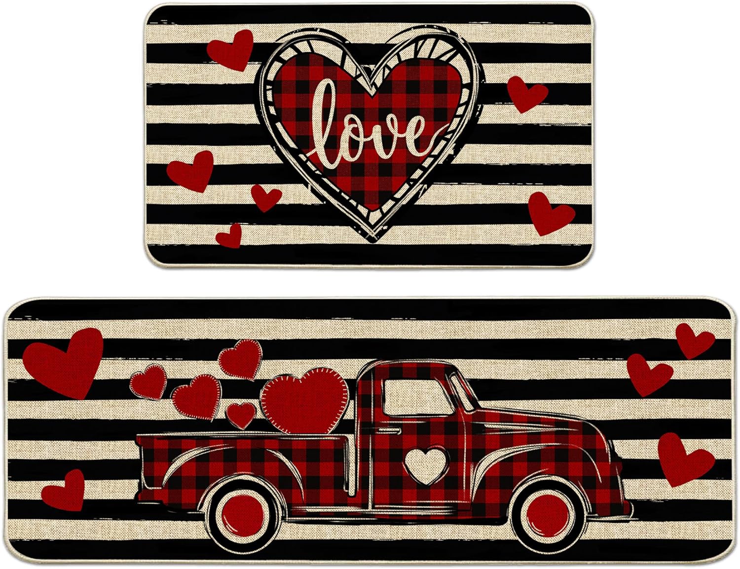 Valentines Kitchen Mats Rugs Set of 2 for Floor Decorations (17" x 29" and 17" x 47")