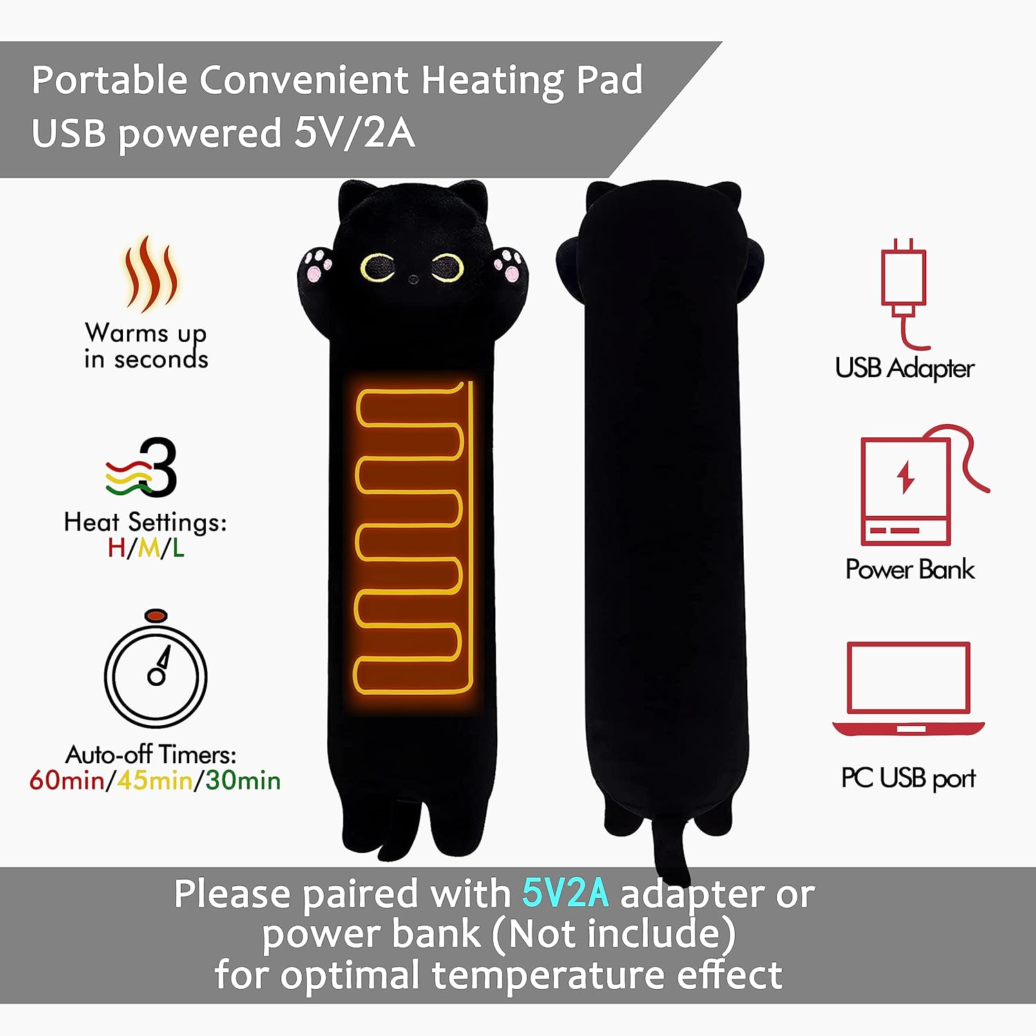 Heating Pad Portable Cuddly 19.7" Plush Cat with a Hot Soft Belly USB Powered, Black