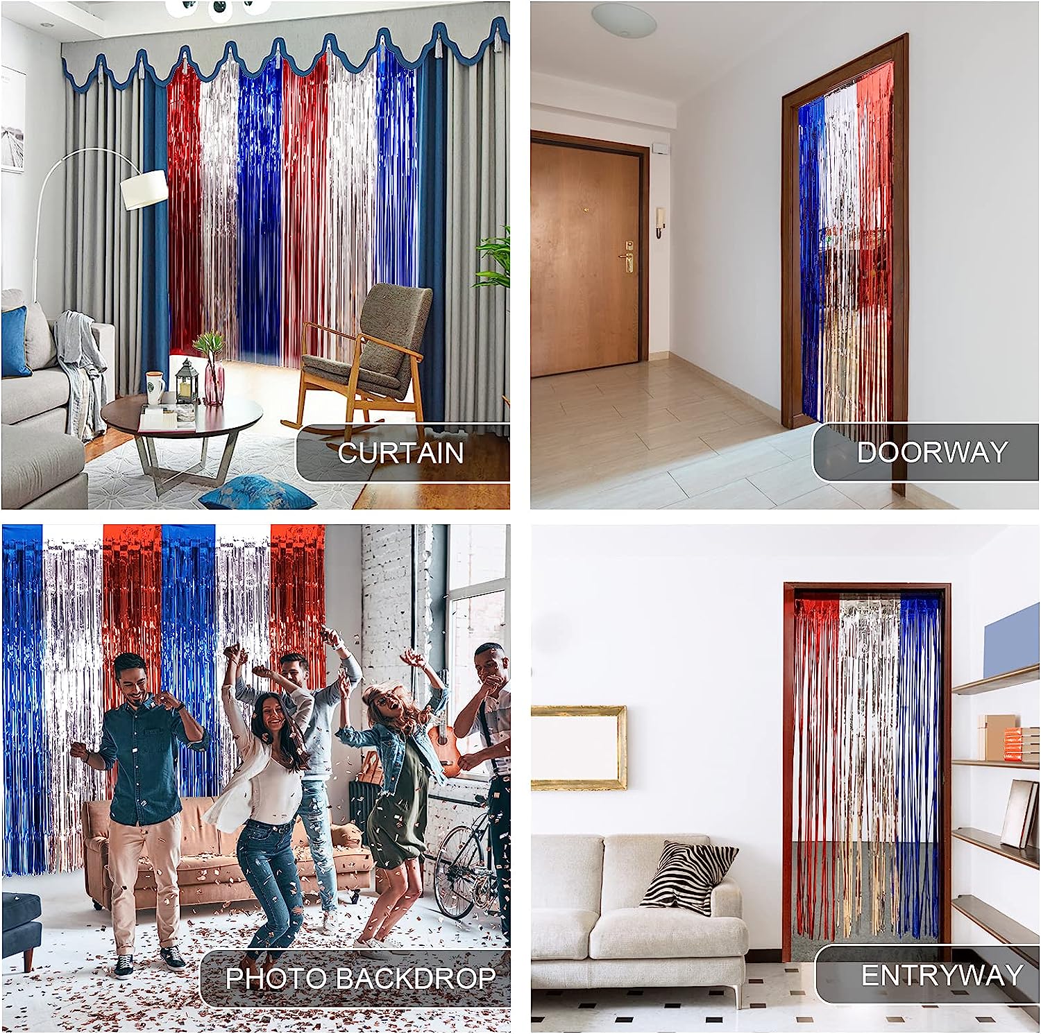 4th of July Decorations,Red White and Blue 3 Pack Tinsel Foil Fringe Curtains