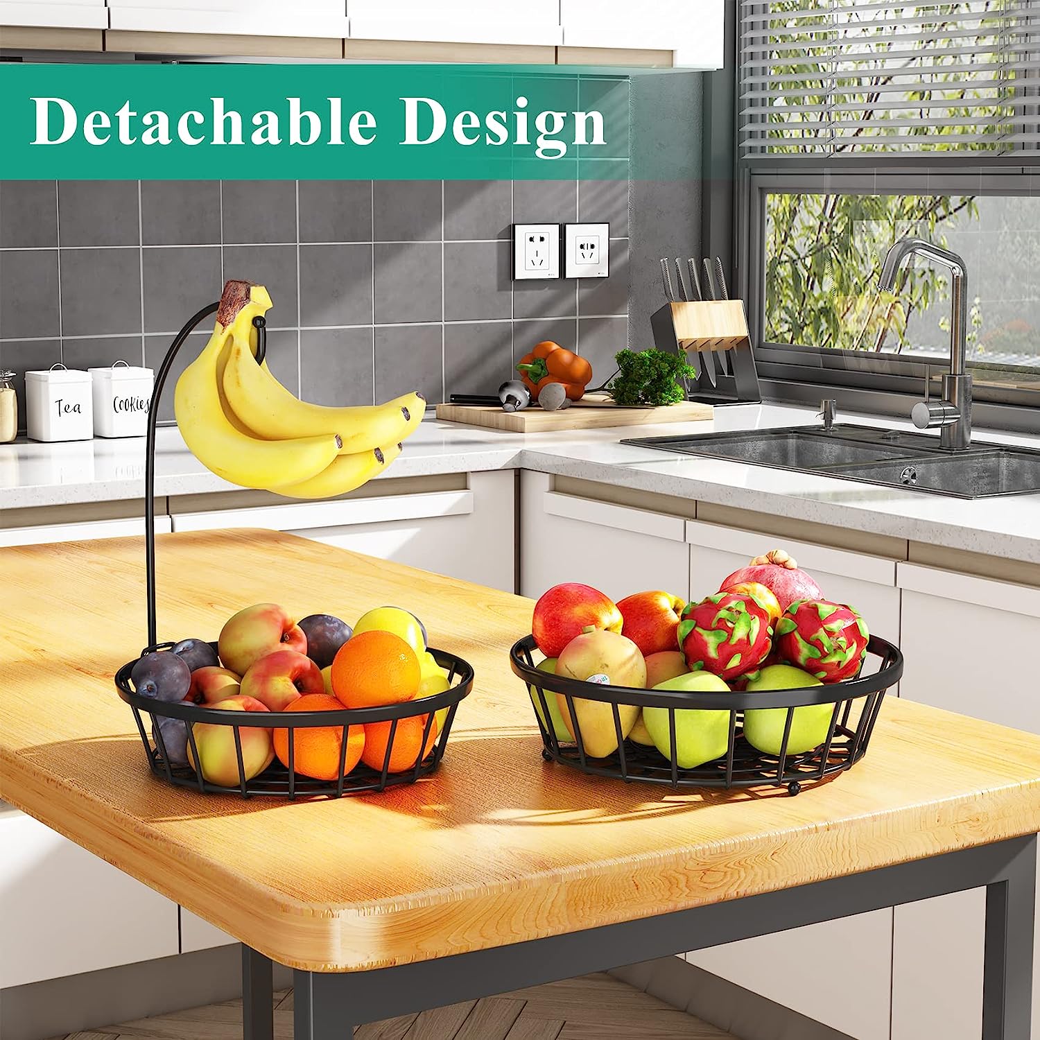 Fruit Basket Bowl 2 Tier Stackable Vegetable Storage with Banana Tree Hanger Stand