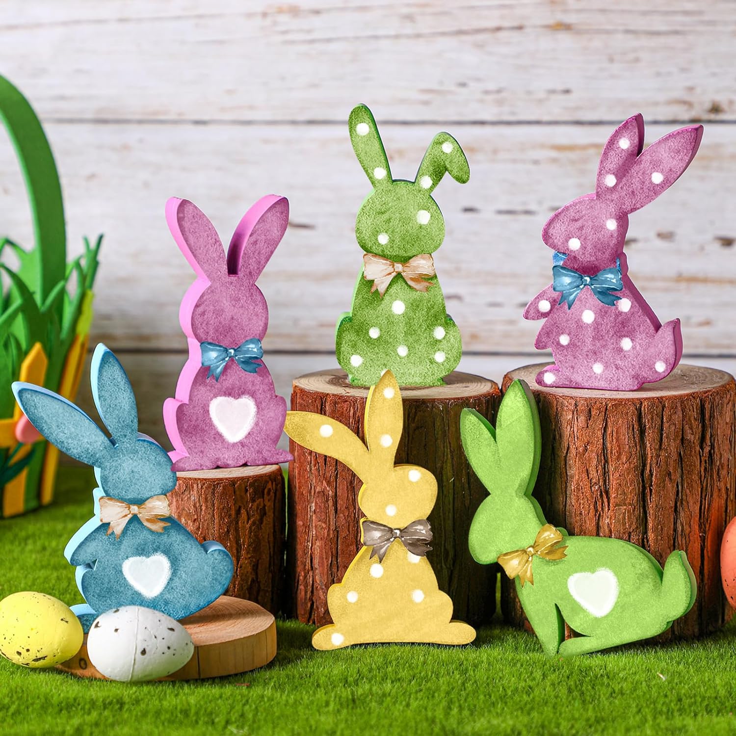 Easter Bunny Wooden Signs 6PCS Bunny Decor with Colorful Bows Freestanding Easter Table Decorations