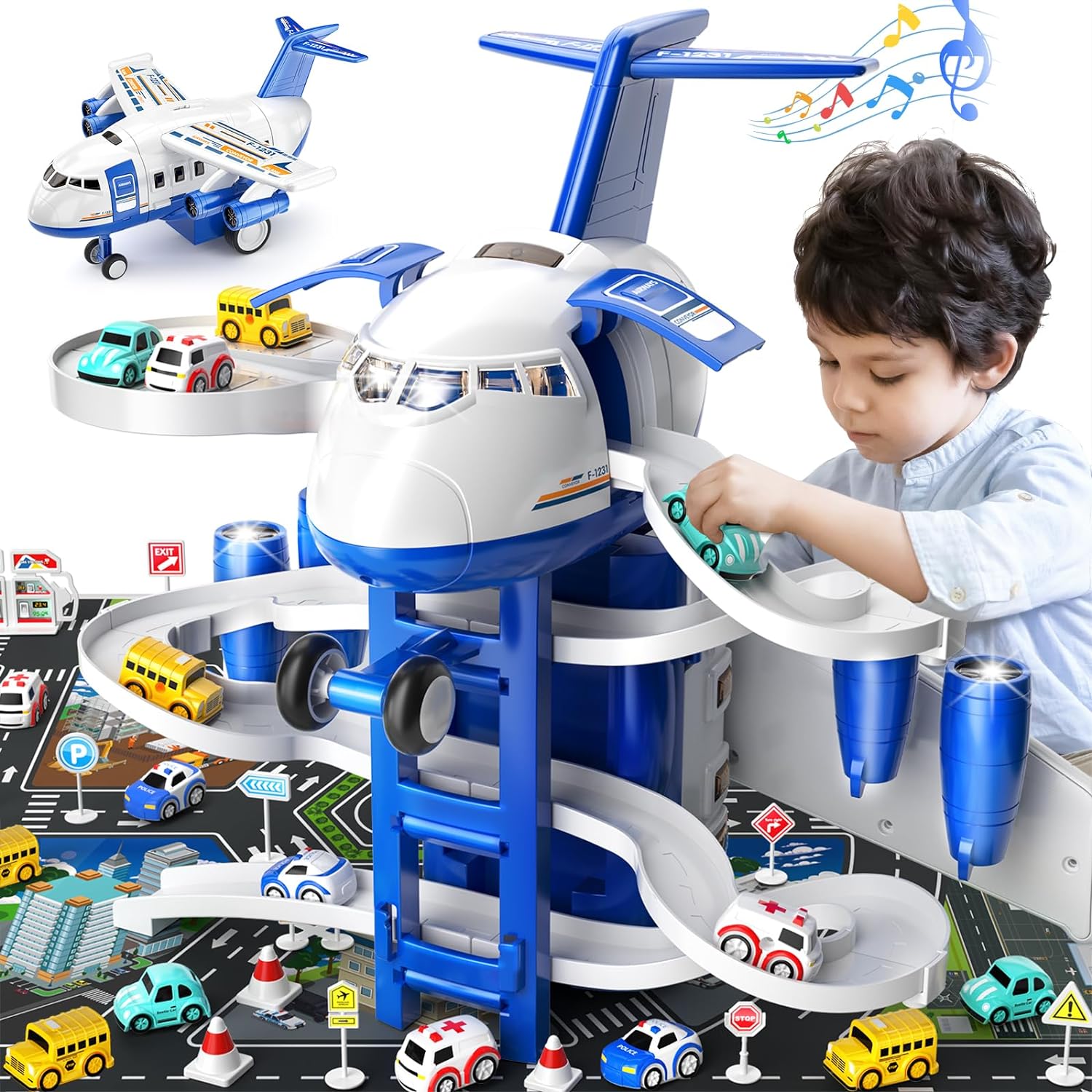 Kids Toys Airplane Toys Race Track Car, with 8 City Cars, Garage Parking Lot Playmat, Birthday Gift for Girls