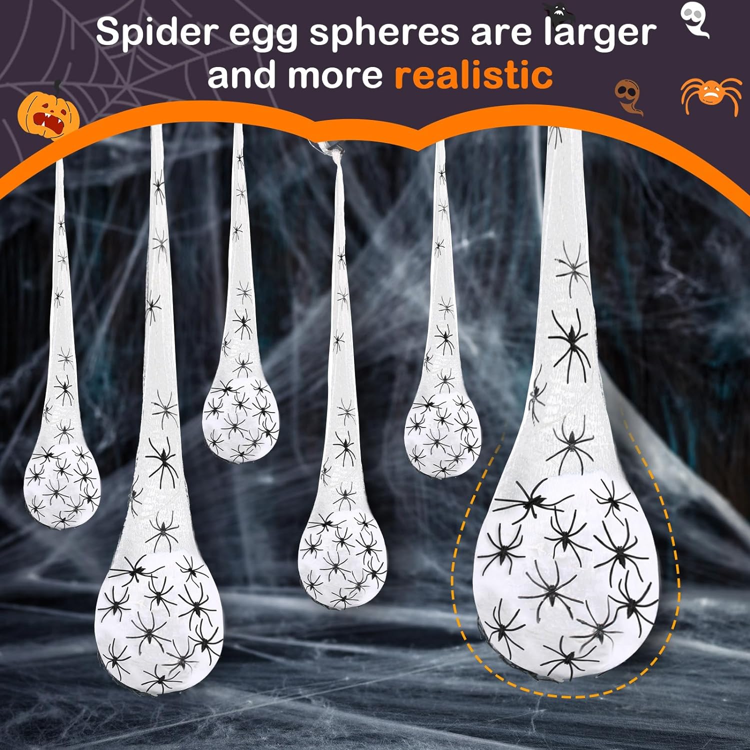 Spider Egg Sacs Decor 6 PCS Large Hanging 3.8FT Purple Halloween Decoration Lights with 9 Balloons and Hook