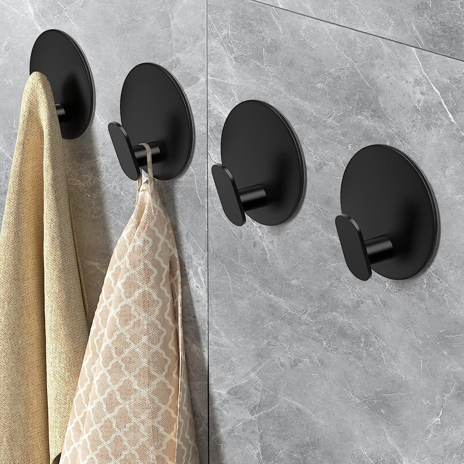 Towel Hooks for Bathroom Stainless Steel Shower Hooks Round Wall Hook Holder for Hanging, 4 Pack (Black)