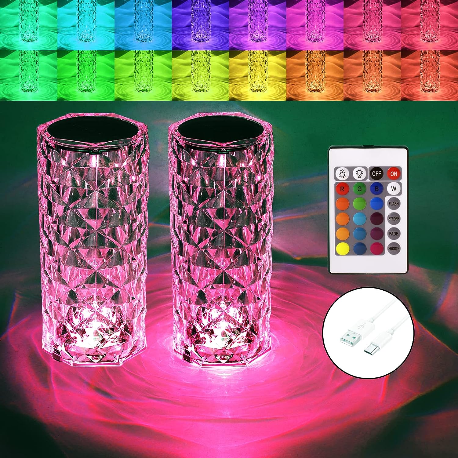 Crystal Table Lamp 2 Pack Color Changing Night Lights (Remote & Touch Control)