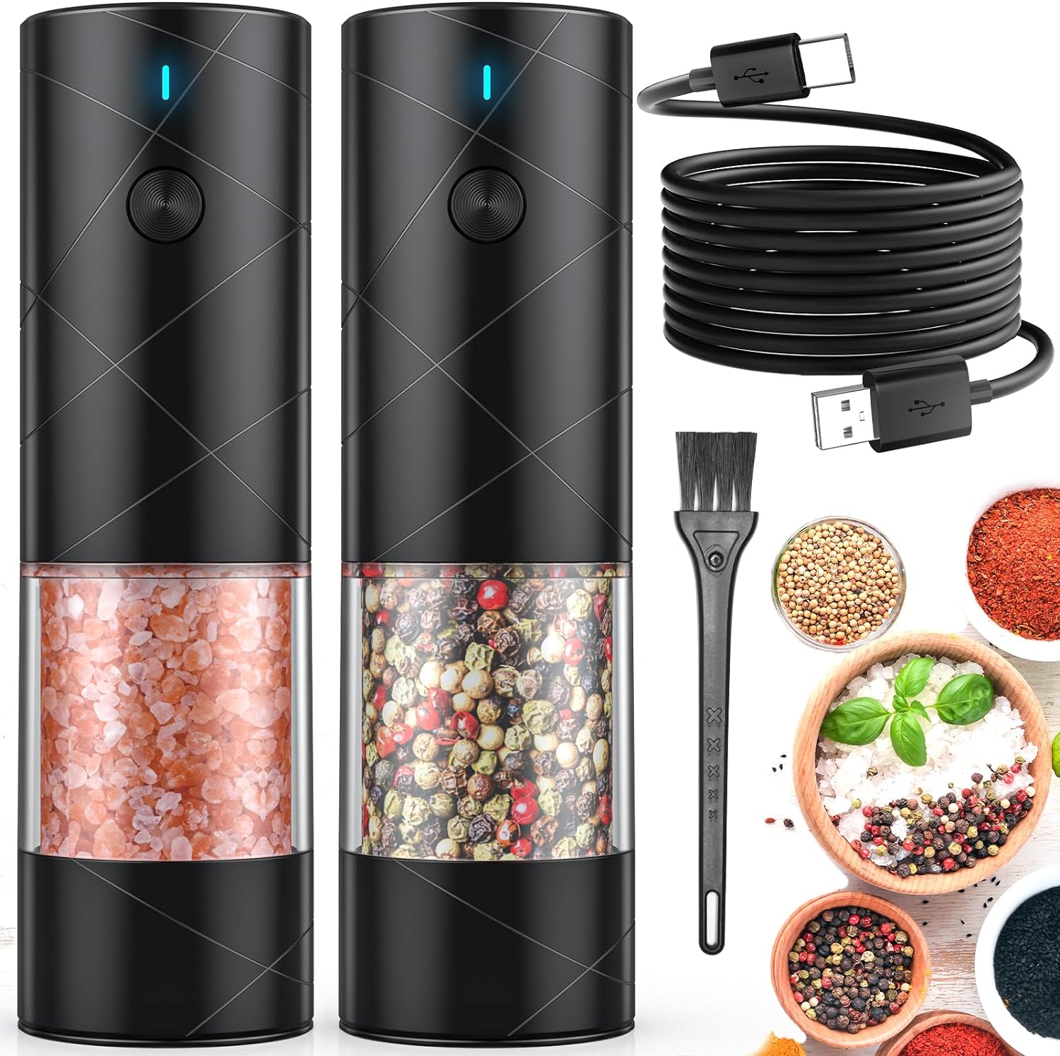 Electric Salt and Pepper Grinder Set USB Rechargeable with Warm LED Light, Automatic Salt Pepper Mill Grinder for Kitchen, Restaurant, Outdoor, Black