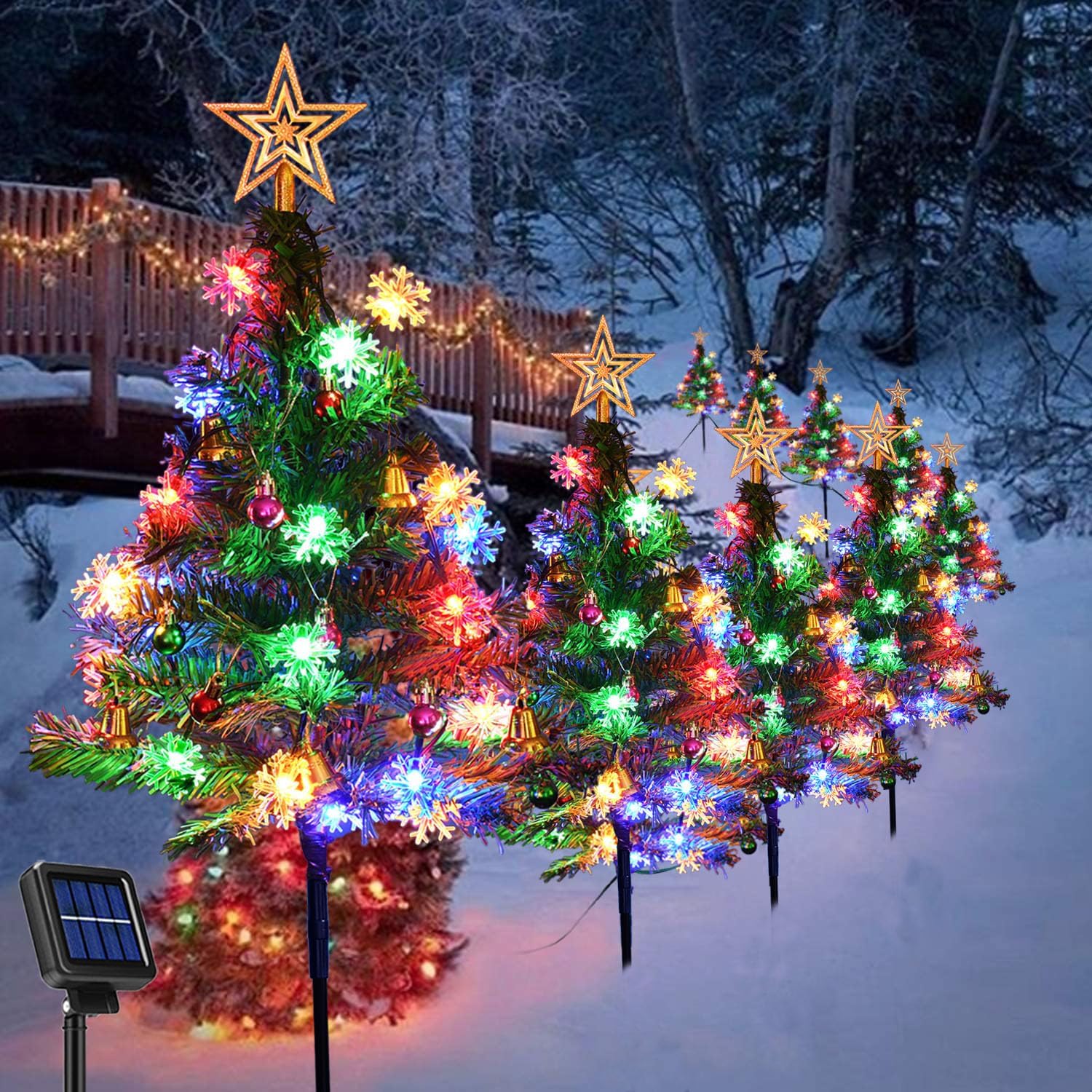 Christmas Tree Pack of 4 Solar Lights Decorations Lights with 8 Mode Colorful LED Snowflake Lights