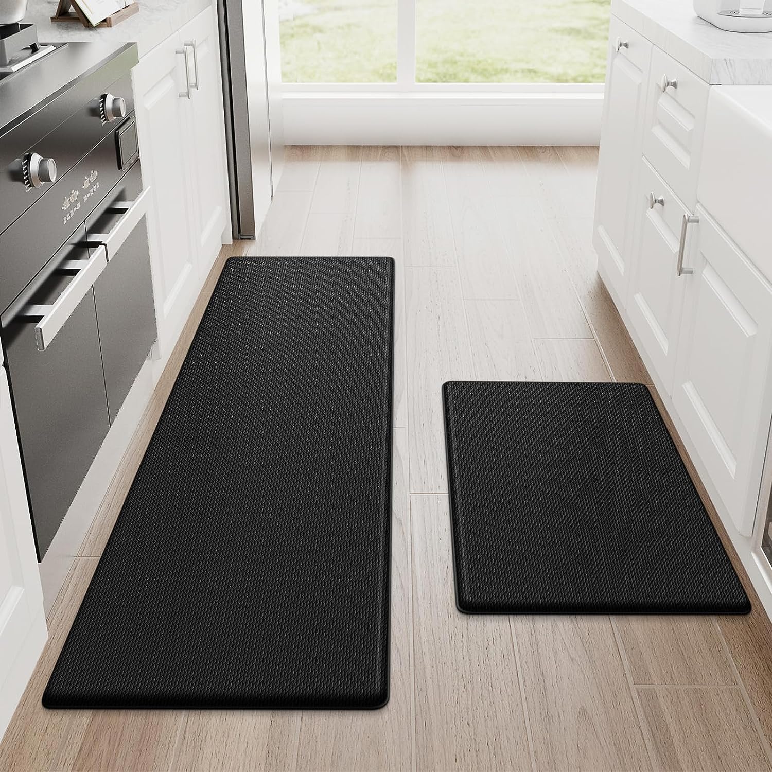 Kitchen Rugs, 2 Pieces (17 "×47" +17 "×30 ", Black)