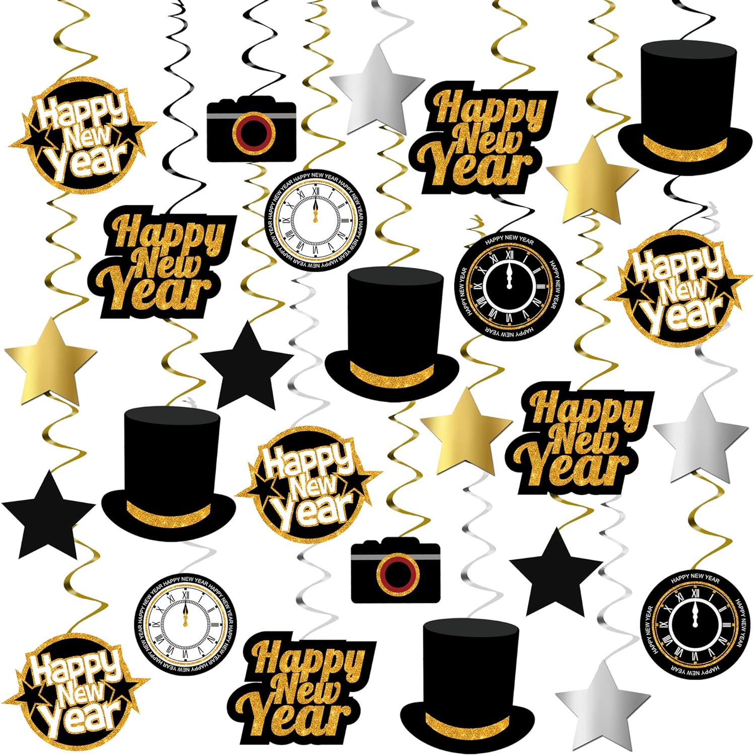 Happy New Year Hanging Swirls Pack of 30, Black and Gold New Years Eve Party Supplies