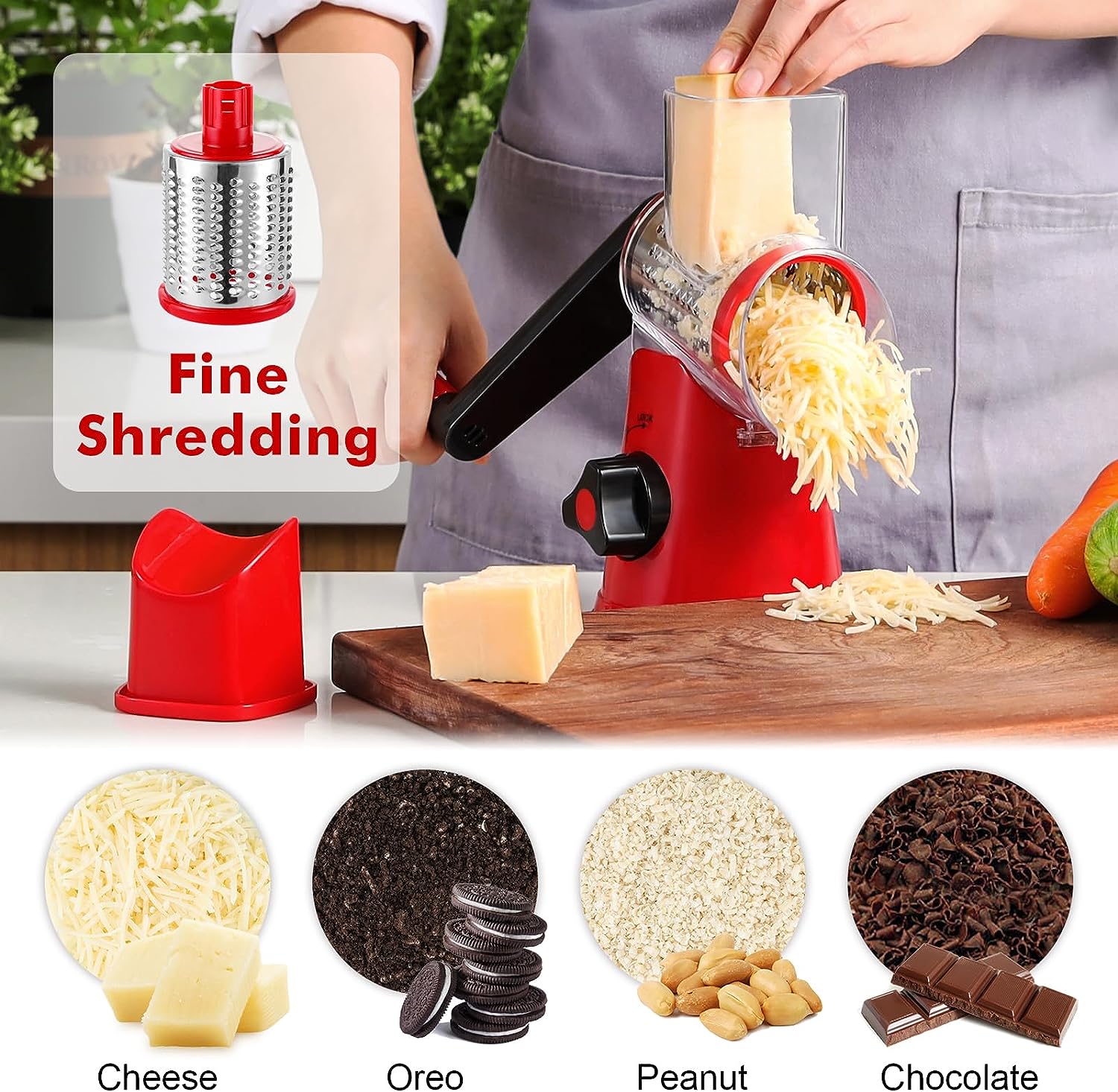 Kitchen Grater Vegetable Slicer with 3 Drum Blades for Vegetables and Nuts, Red