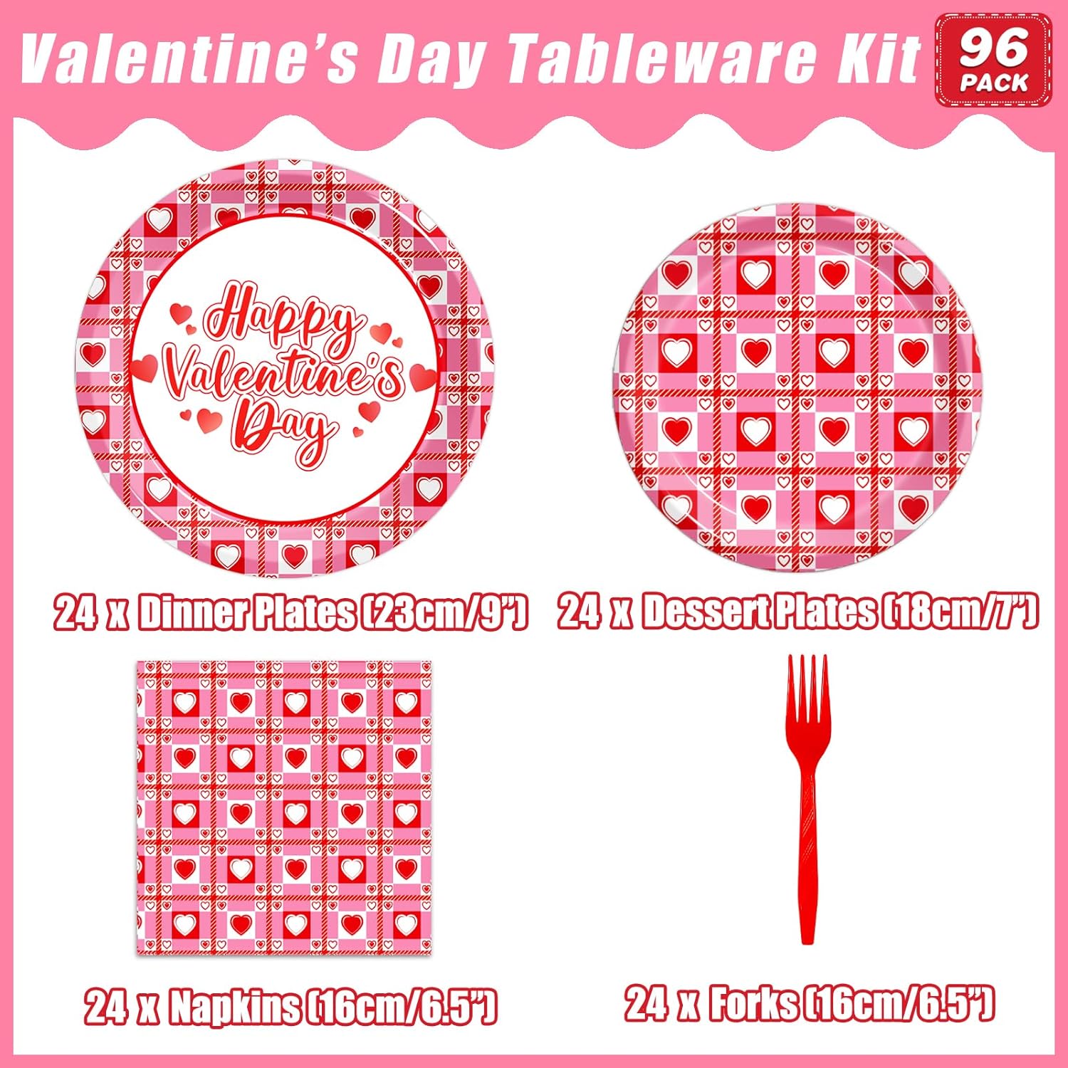 Valentine’s Day Heart Plaid Paper Plates Napkins Set Disposable Dinnerware 96PCS, Serves 24 Guests