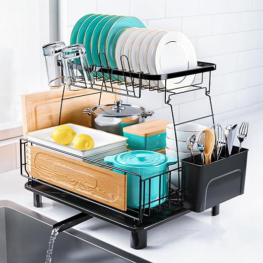 Dish Drying Rack 2 Tier Rustproof Stainless Steel Dish Drainers with Drainboard & Rotatable Drain Spout