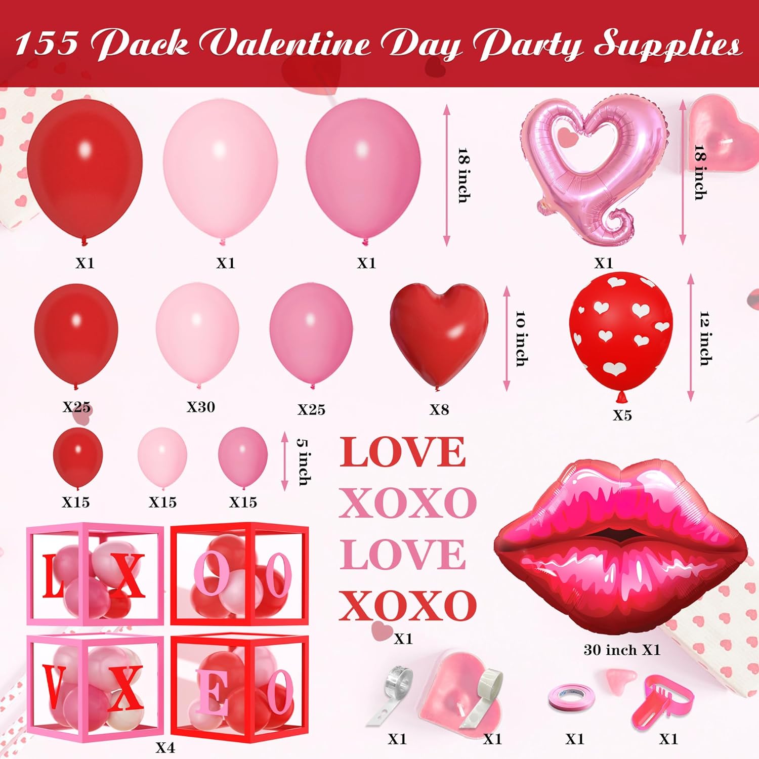 Valentines Day Balloons Arch Garland Kit with Boxes, 155 Pieces Decor & 4 Pieces Balloon Boxes