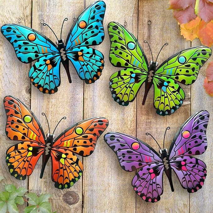 Metal Butterfly Wall Decor 9.5" Hanging 4 Pack for Garden Yard Living Room