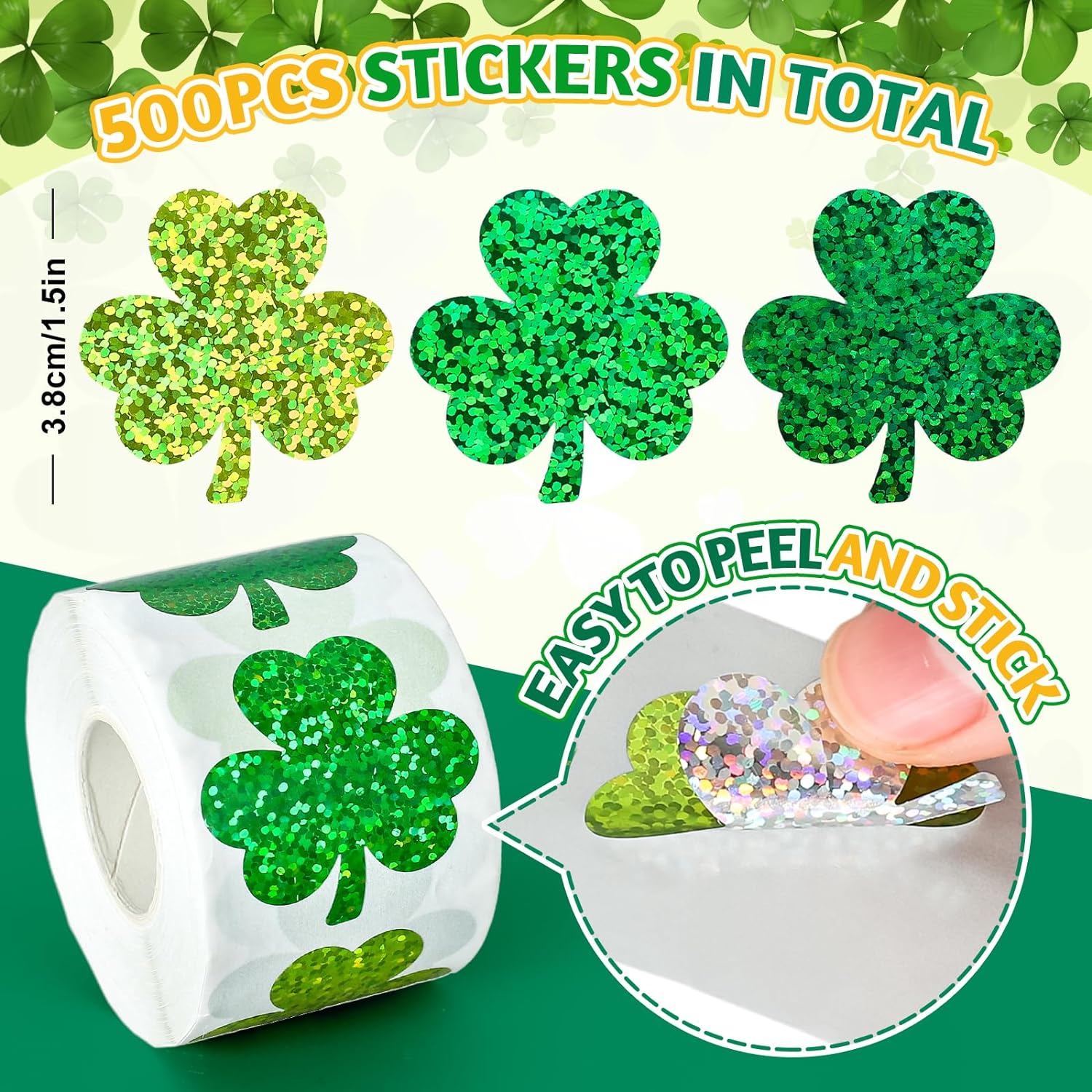 St. Patrick's Day Stickers 500PCS Glitter Shamrock Stickers Roll 3 Colors