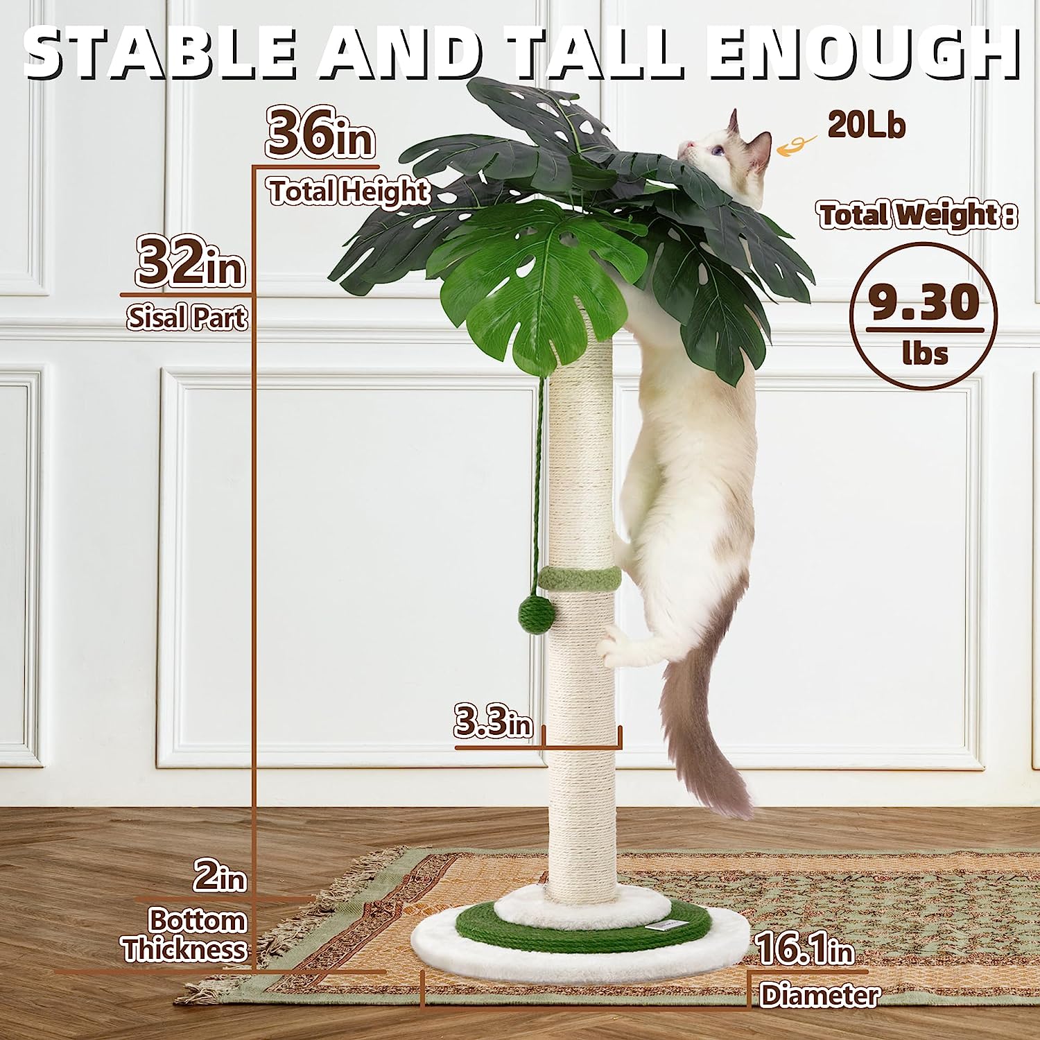 Cat Scratching Post for Indoor Cats and Kitten, 35” Tall Monstera cat Scratching Post with Sisal Hanging Interactive Ball