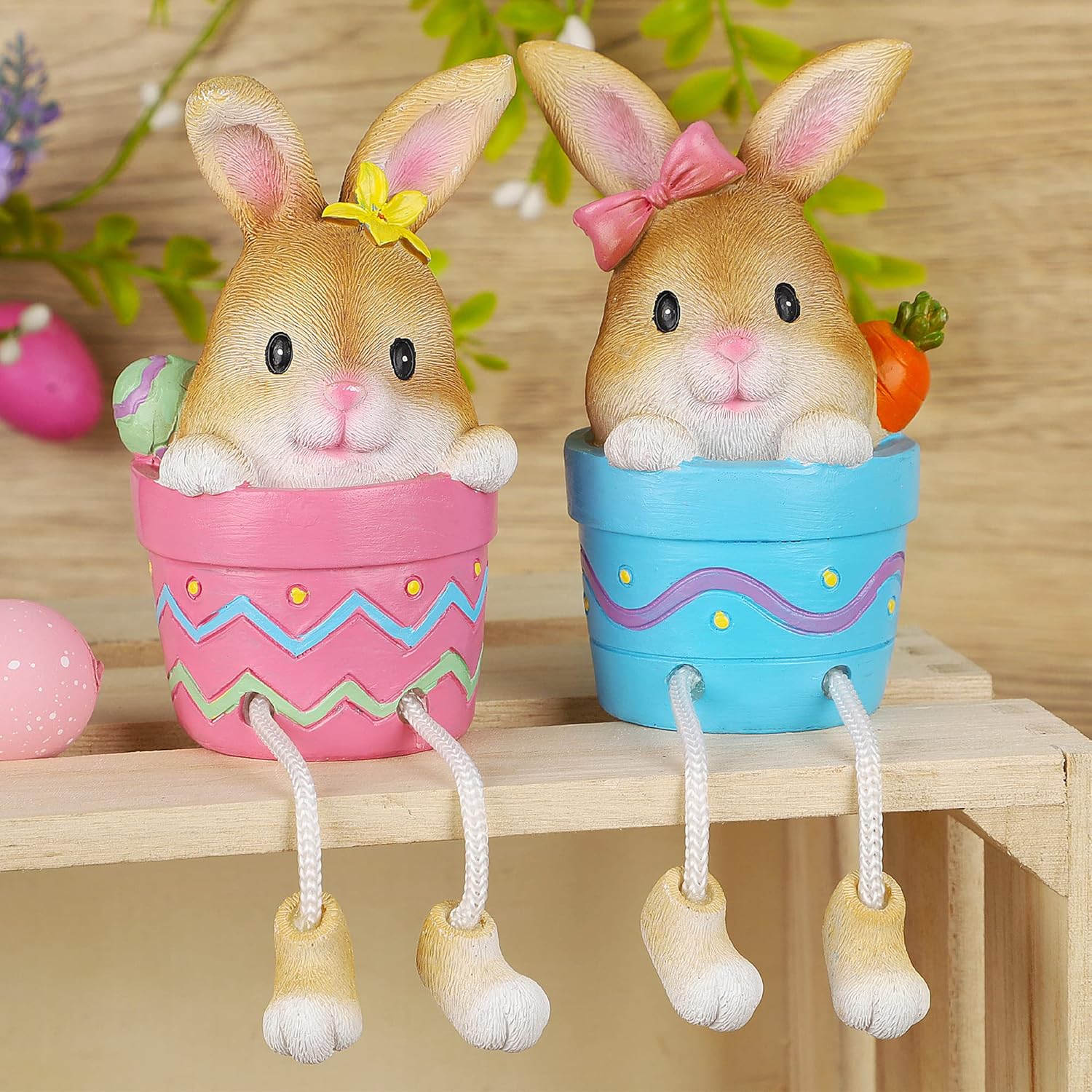 Resin Home Easter Bunny Figurine Set of 2 with Dangling Legs Tabletop Sculpture Centerpieces Decorations