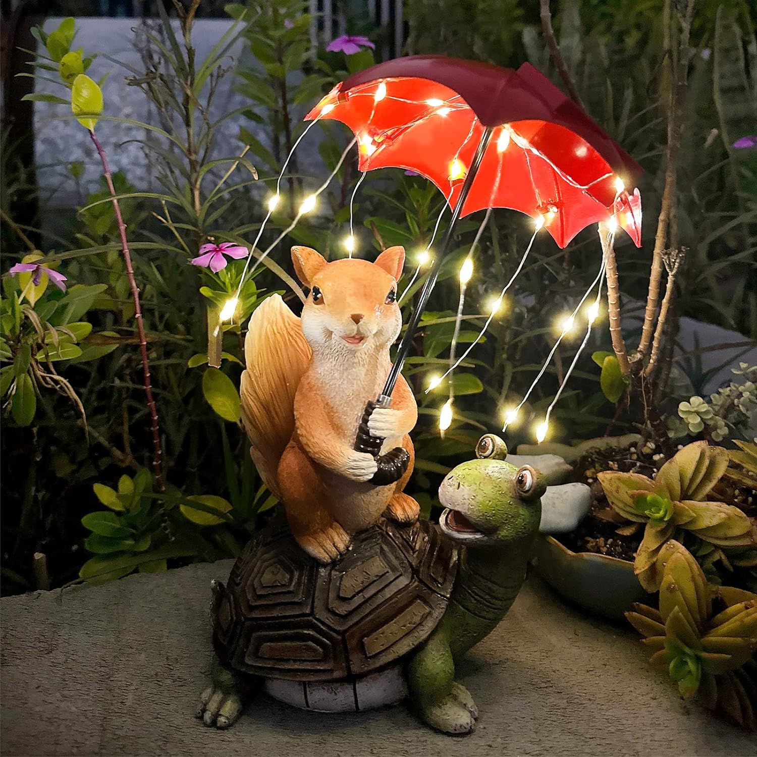 Solar Garden Statue Squirrel Standing on Turtle Holding Umbrella with String Lights for Patio Lawn Yard Decoration Garden Ornaments