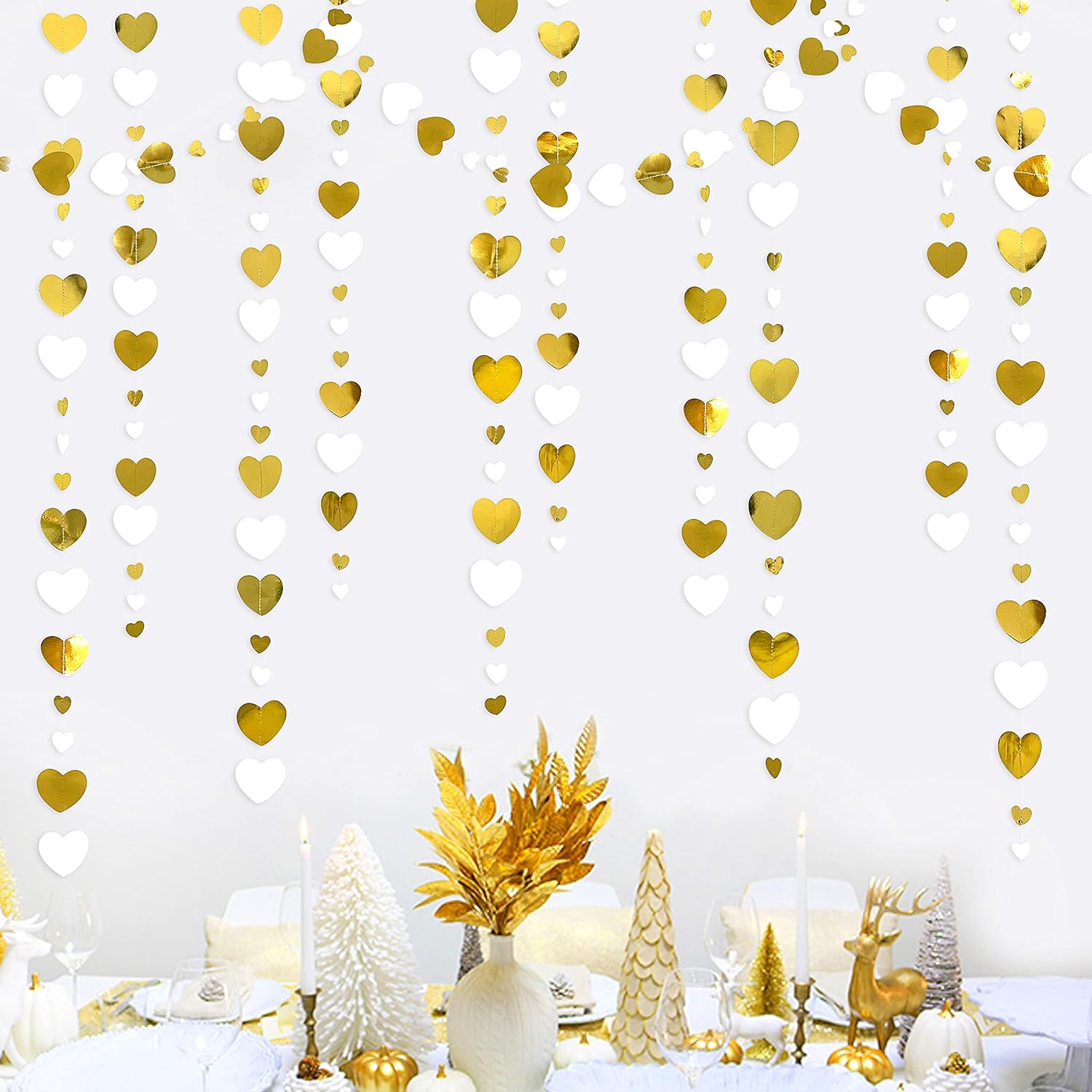 Valentines Day Party Decoration White and Gold Heart Garland Hanging Love Heart Streamer Banner