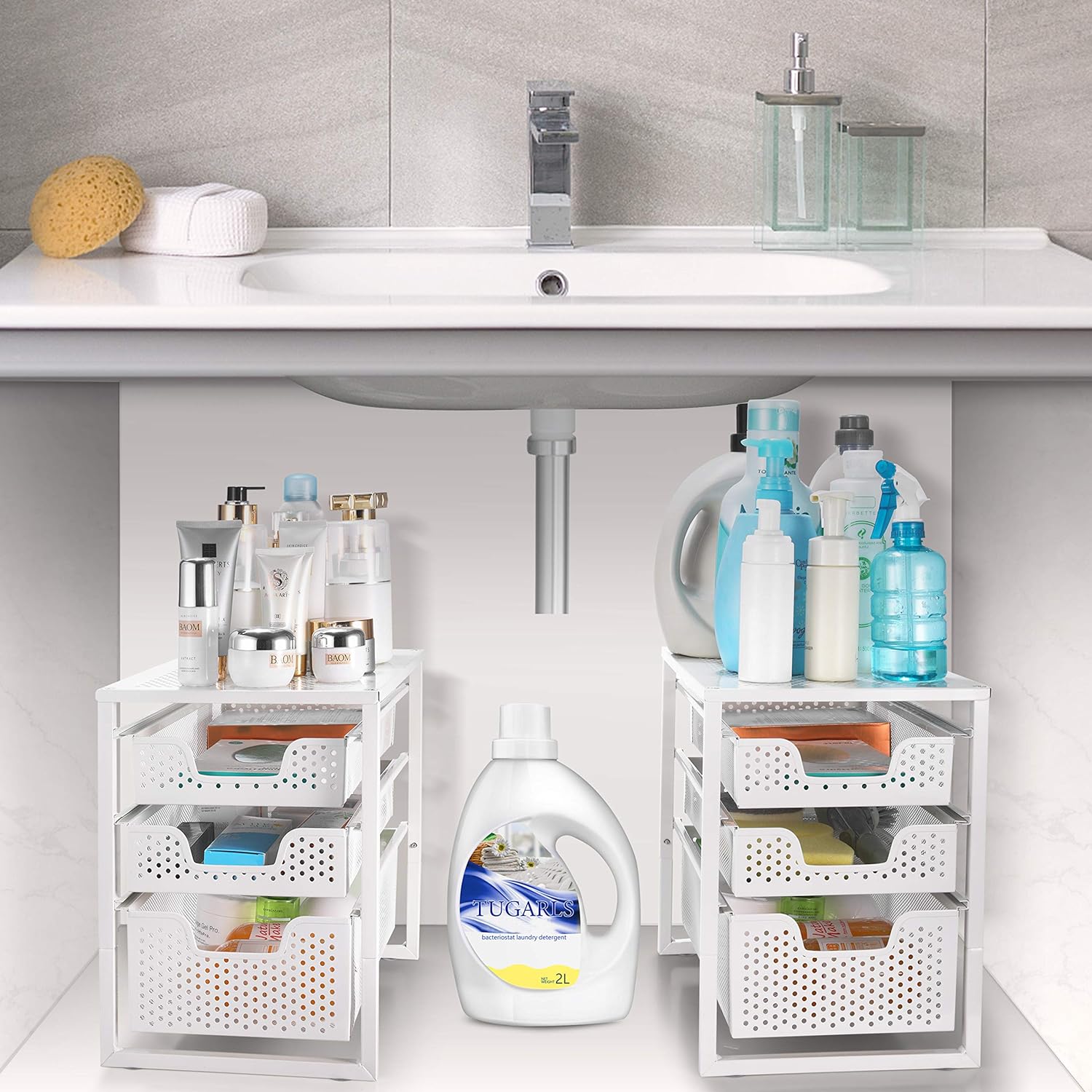 Under Sink Cabinet Organizer 3 Tier with Sliding Storage Drawer, White