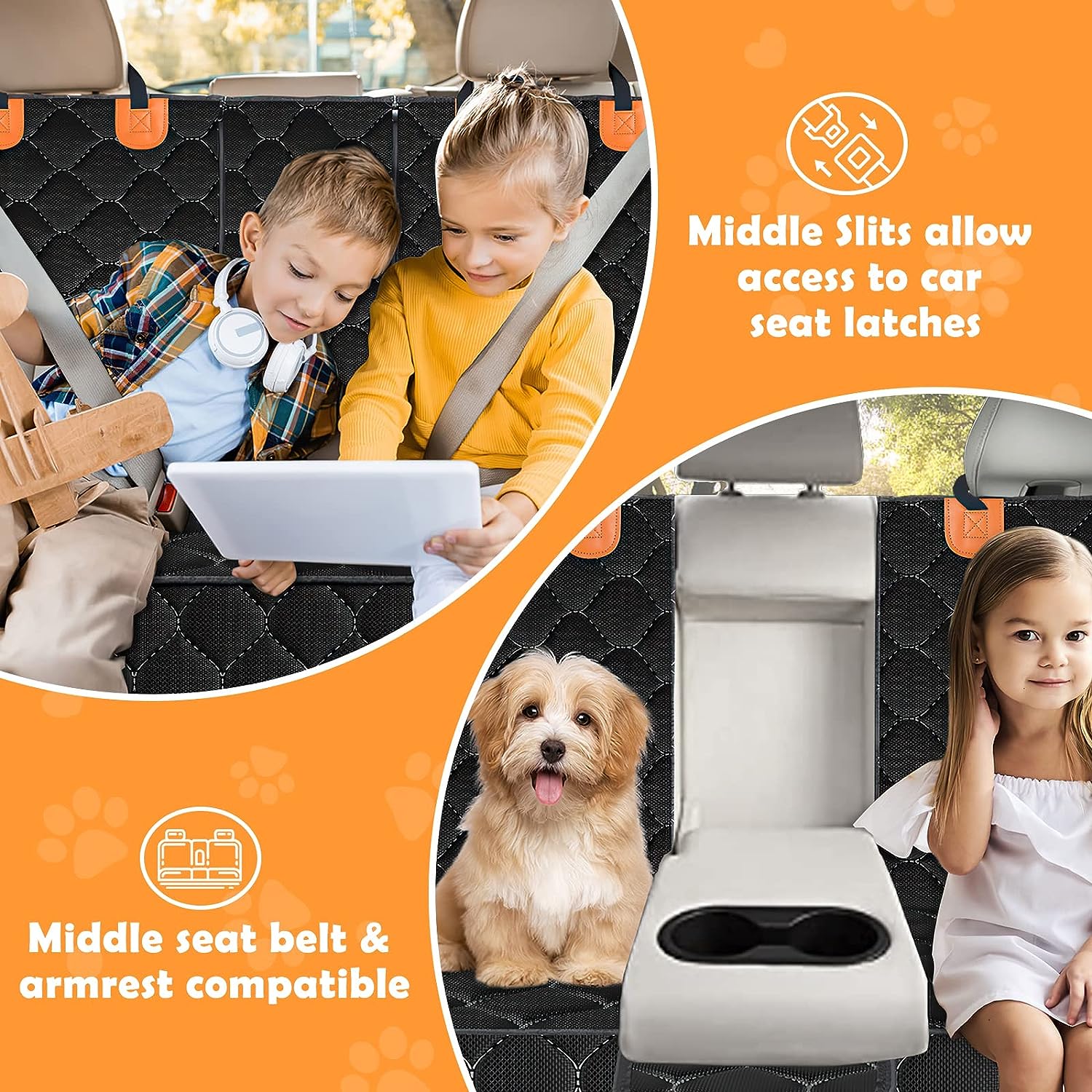 Back Seat Waterproof Cover Protector Armrest with 1 Pet Seat Belt for Trucks and SUVs