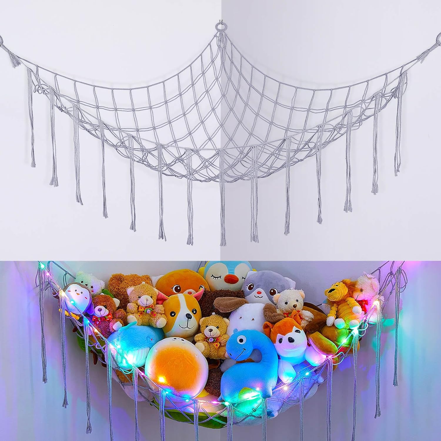 Hanging Stuffed Animals Hammock Storage with LED Light Storage Organizer, Gray