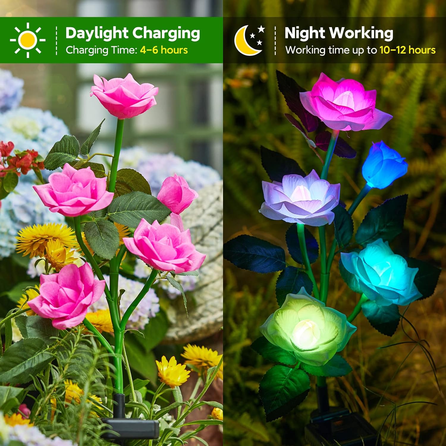 Solar Outdoor Garden Lights 6 Pack Solar Outdoor Lights with 30 Rose Flowers, 7 Color Changing Waterproof Solar Flowers