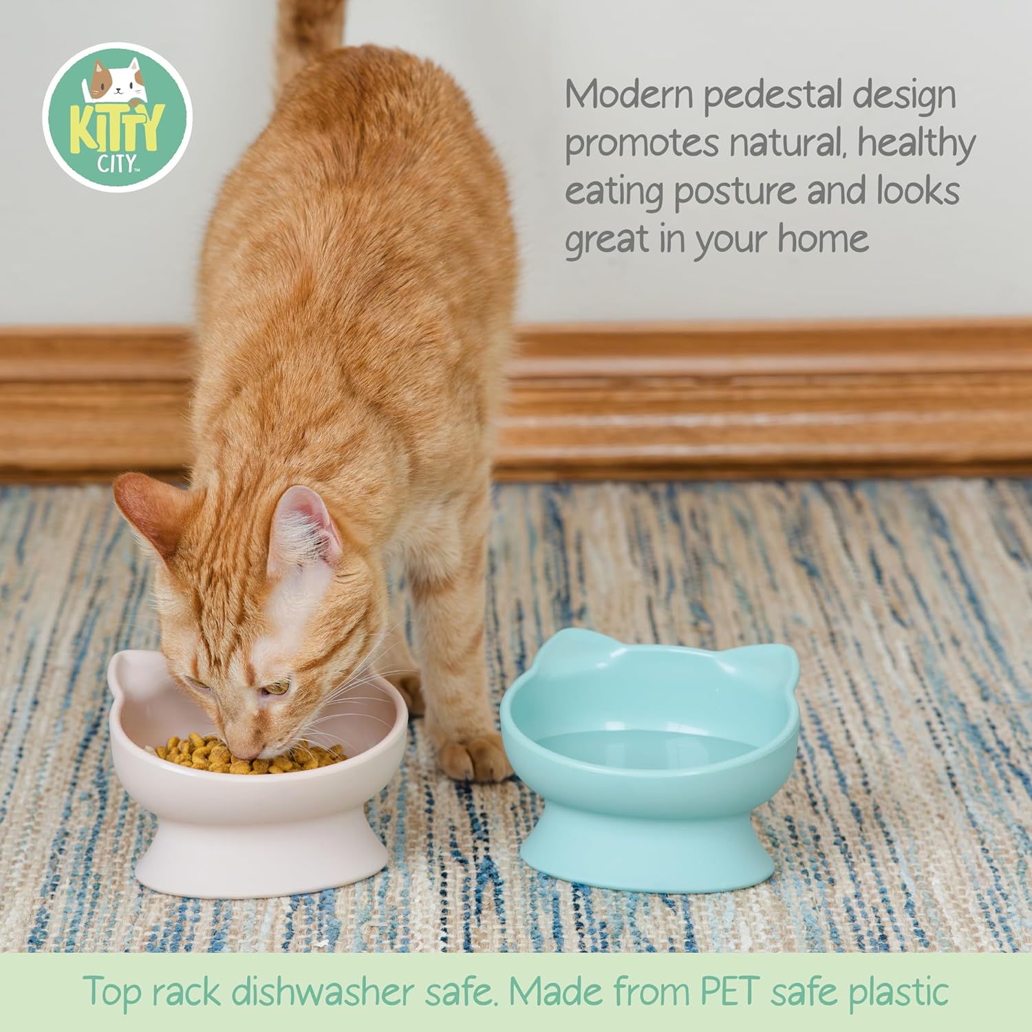 Raised Cat Food Bowl Pet Feeder and Waterer, Teal and Light Pink