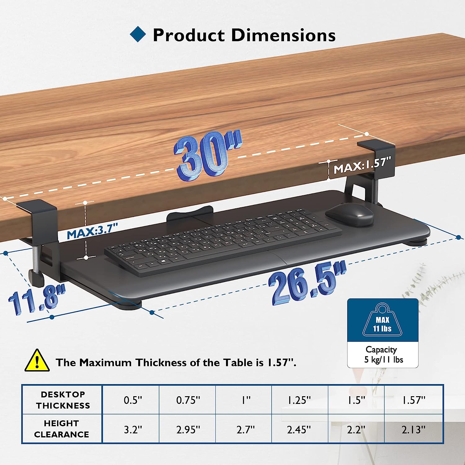 Keyboard Tray Under Desk, Pull Out Keyboard & Mouse Tray with C Clamp 25.6“(30” Including Clamps) x 11.8“