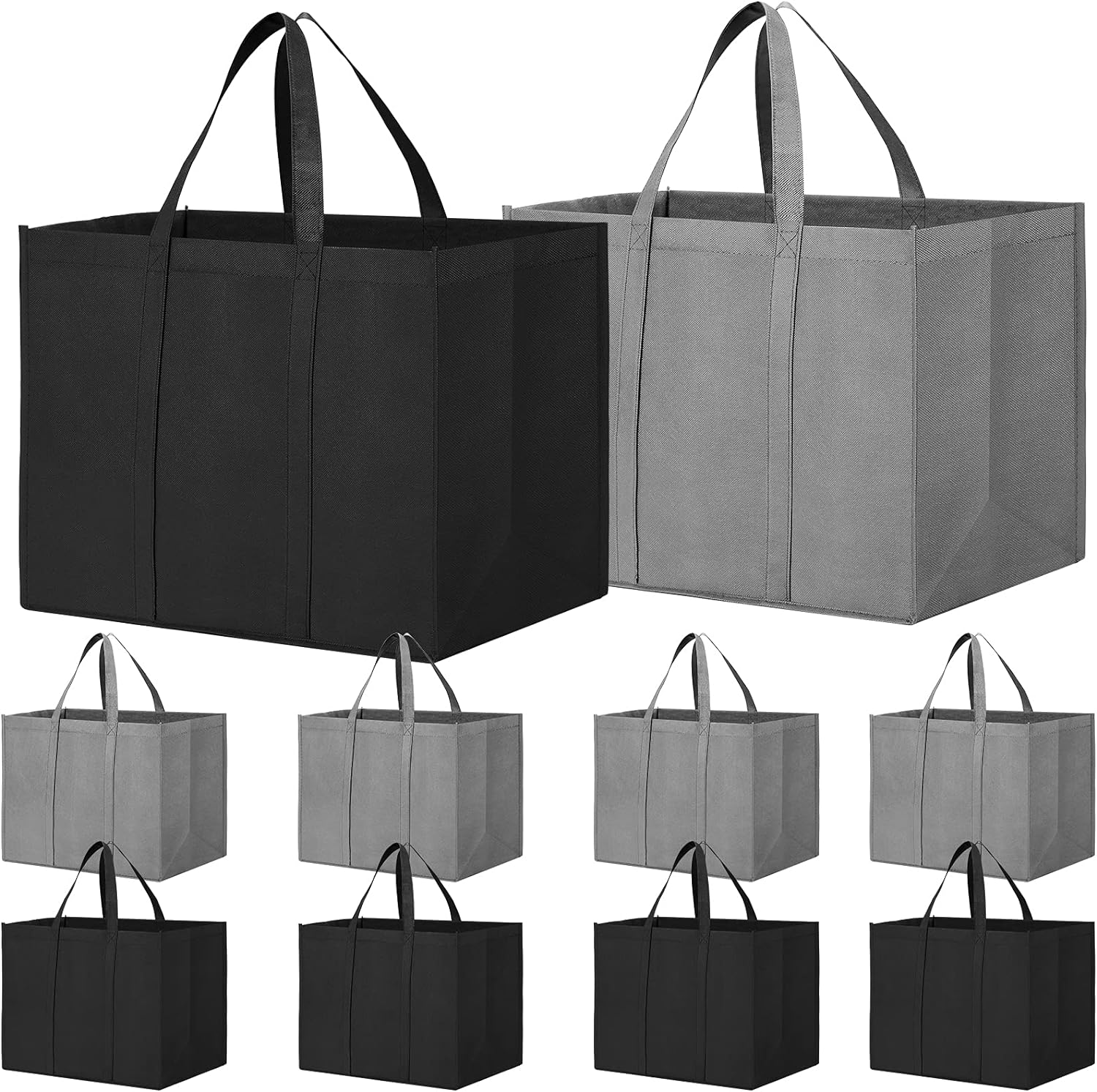 Foldable Reusable Grocery Shopping Bags, 10 Pack Eco Produce Bags with Long Handle (Grey & Black)