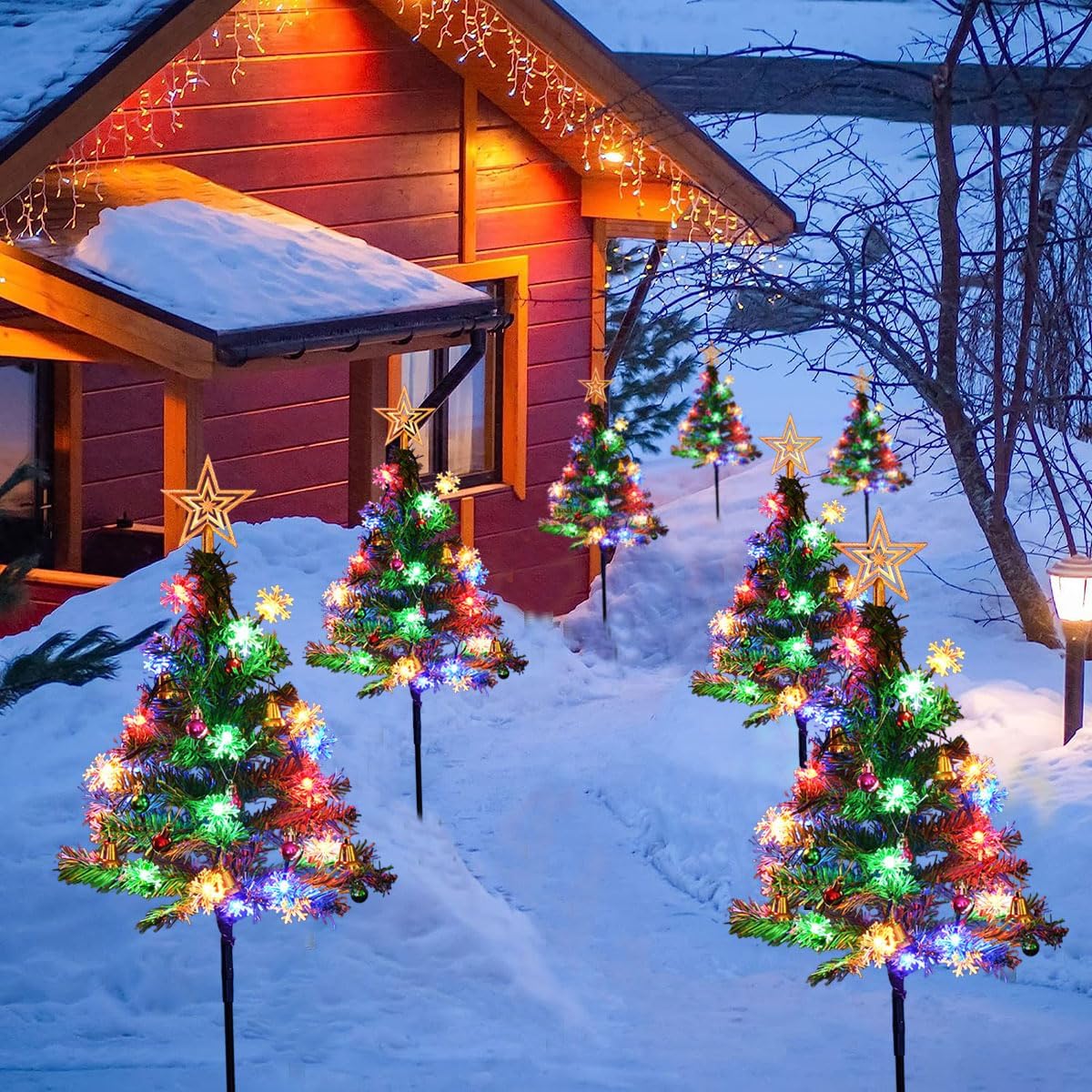 Christmas Tree Pack of 4 Solar Lights Decorations Lights with 8 Mode Colorful LED Snowflake Lights