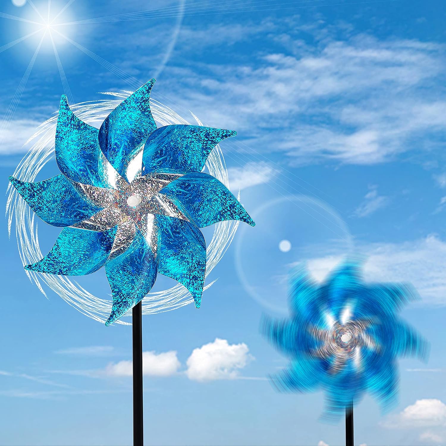 10 Pack Reflective Pinwheels with Stakes, Extra Sparkly Pinwheel for Garden Decor