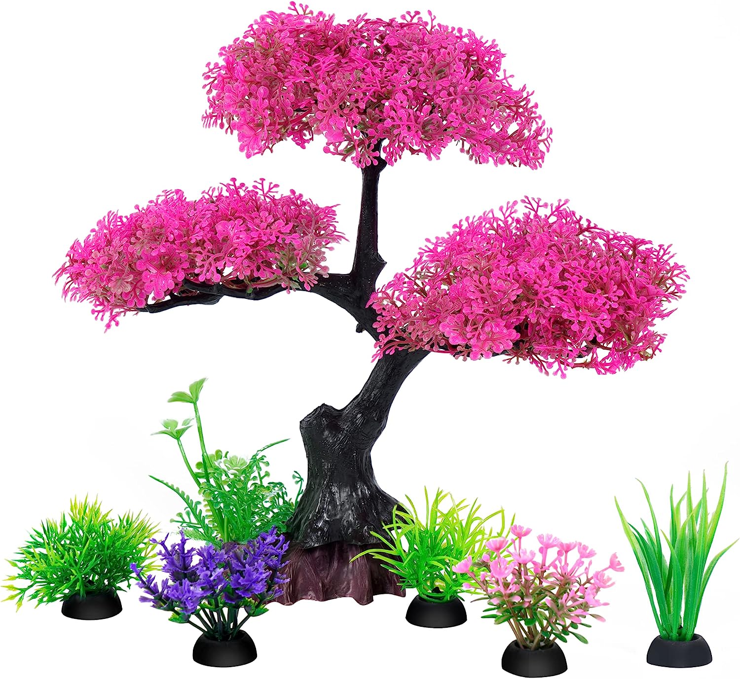 Aquarium Decor Artificial Plastic Pink Cherry Blossom Tree & Grass