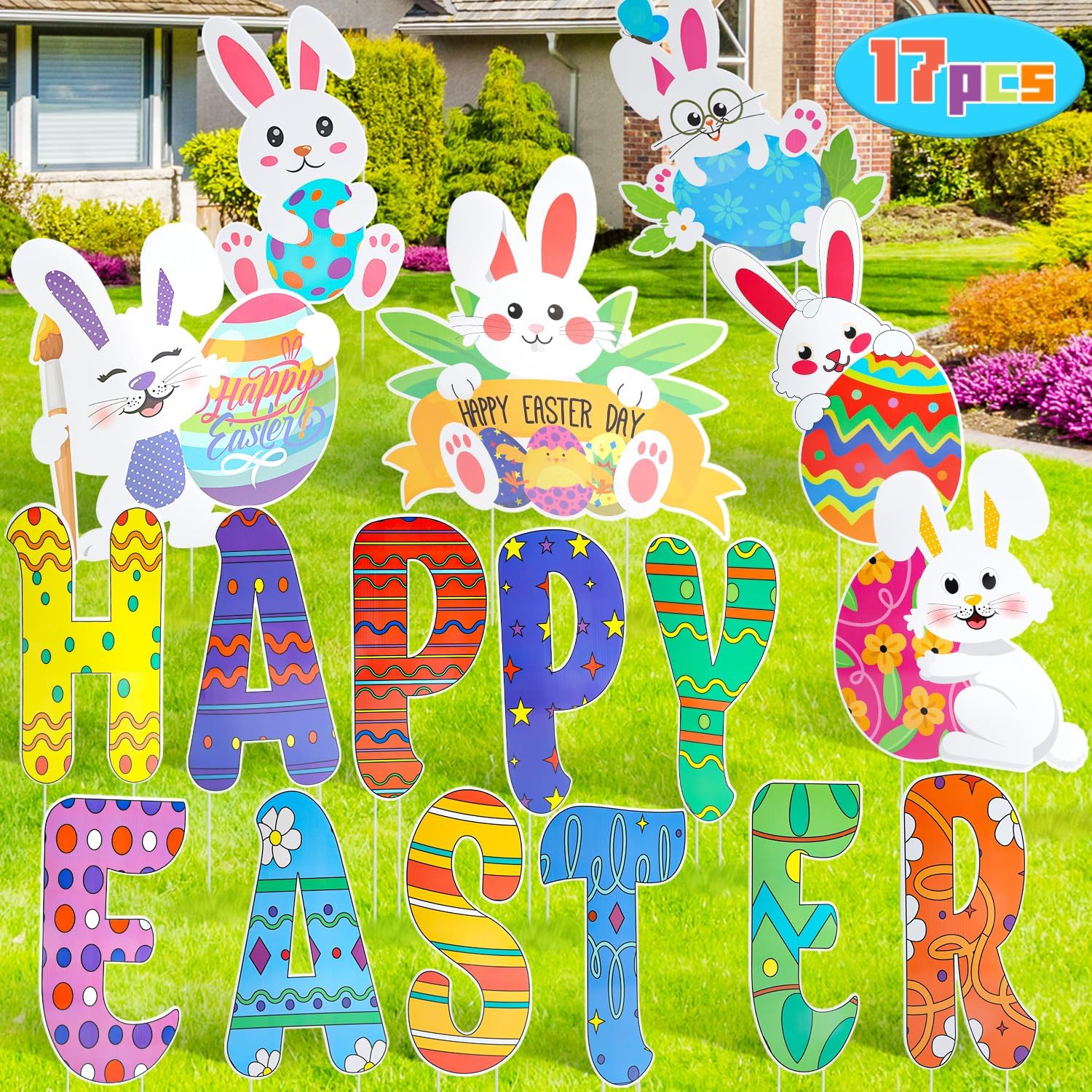 Easter Yard Sign 17 Pack Outdoor Decorations for Lawn Yard Garden