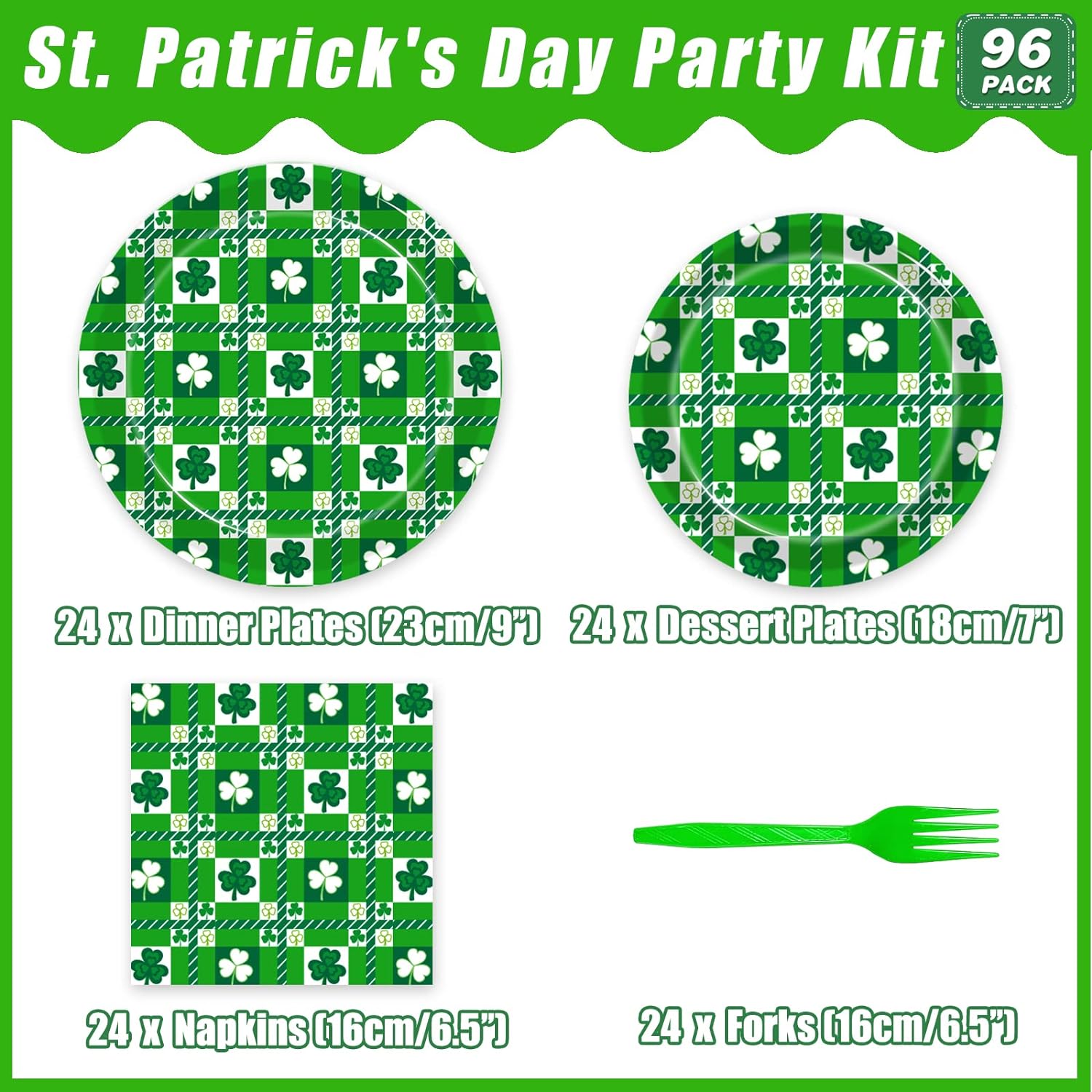 St. Patrick's Day Party Paper Plates Napkins for 24 Guests