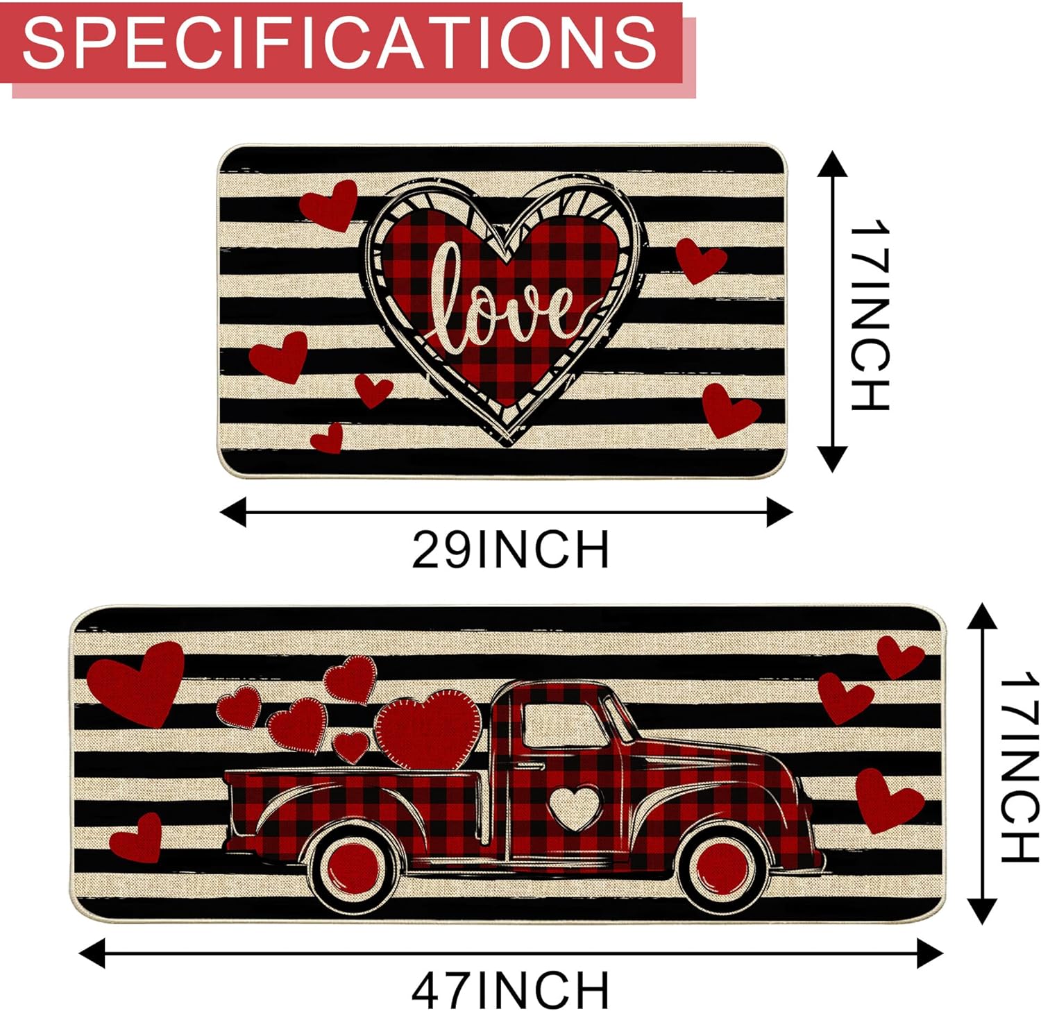 Valentines Kitchen Mats Rugs Set of 2 for Floor Decorations (17" x 29" and 17" x 47")