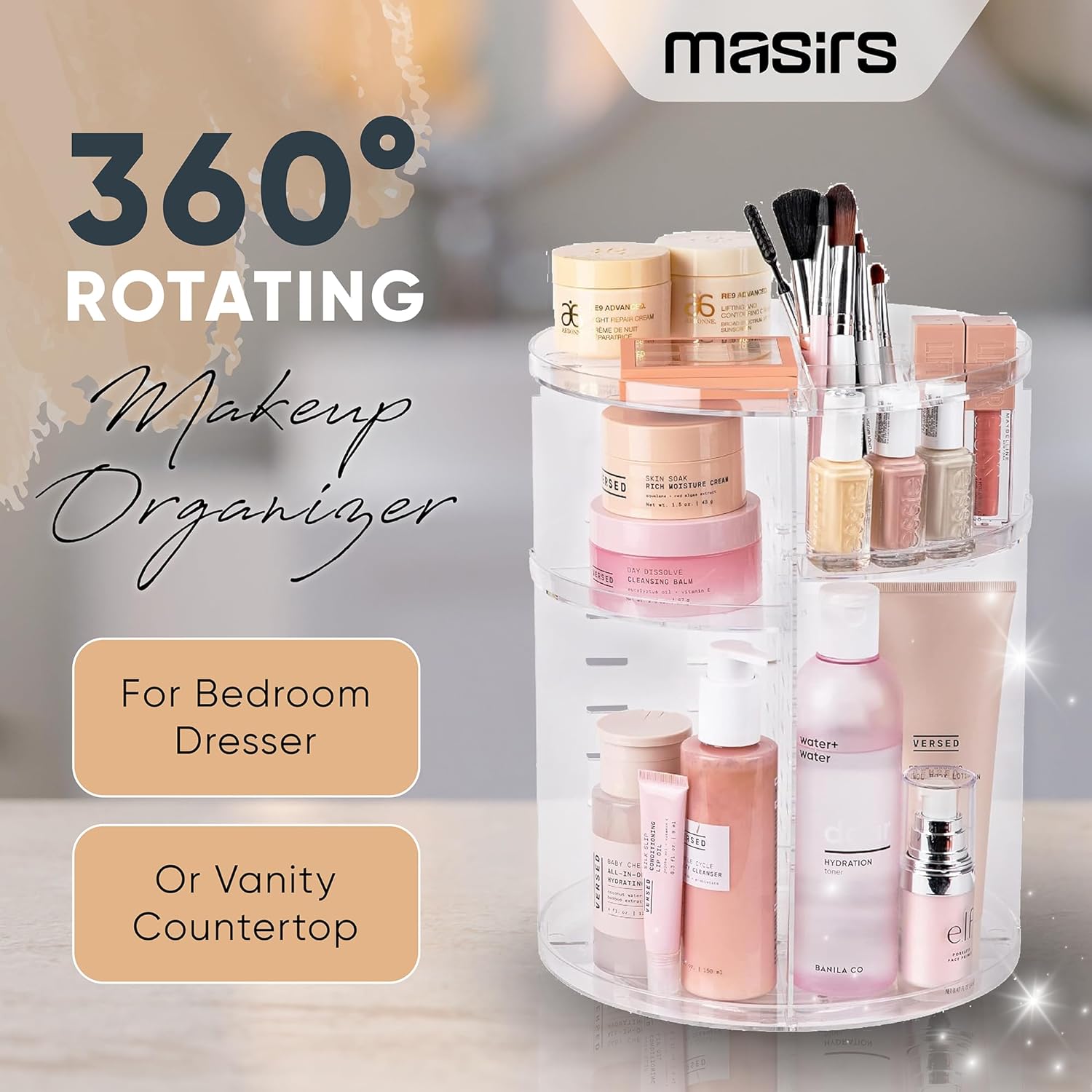 Adjustable Rotating Makeup Organizer for Bedroom Dresser or Vanity Countertop Storage (Clear)