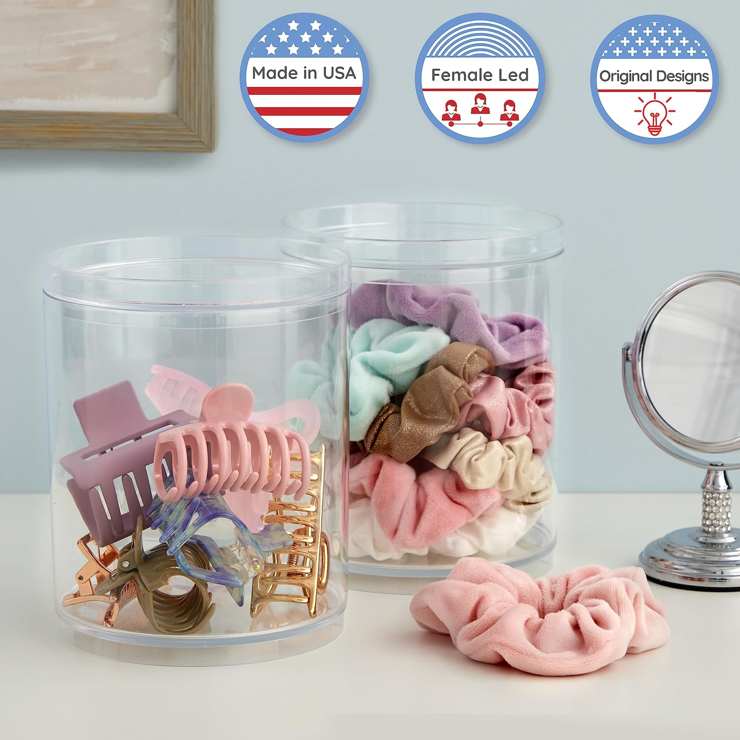 Stackable Clear Plastic Container Round Tall Scrunchie Holder (Set of 2)