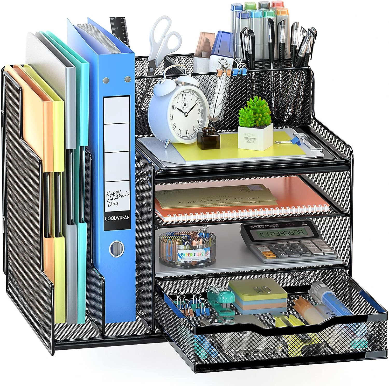 Desk Organizer with Mesh File Holder with Sliding Drawers & Pen Holder, Black