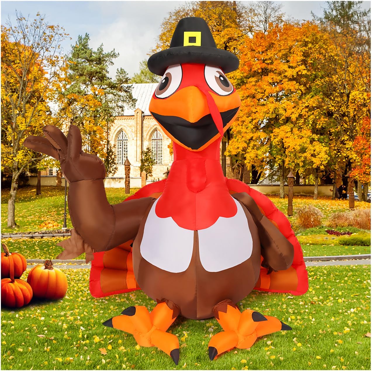 Thanksgiving Inflatables Turkey with Pilgrim Hat 5FT Blow Up Yard Decoration with LED Lights Built-in