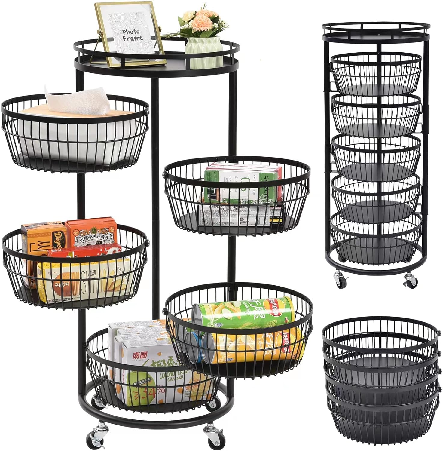 Kitchen Storage 6 Tier Tower Circle Basket Shelves Organizer on Rolling Wheels with Detachable Drawers