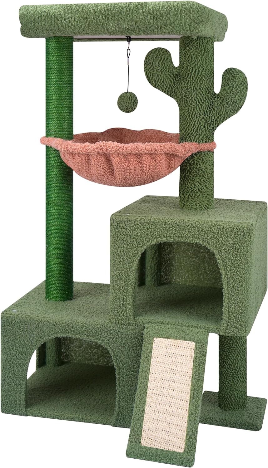 Cactus Cat Tree Cat Tower 37.4" with Twin Cat Condos for Indoor Cats, Green